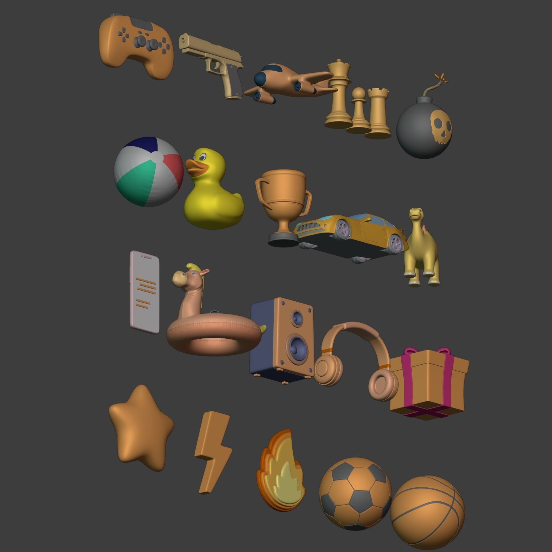 Cartoon Icon Pack - Game Controller - Plane - Car - Gun - Ball Low-poly 3D model_5
