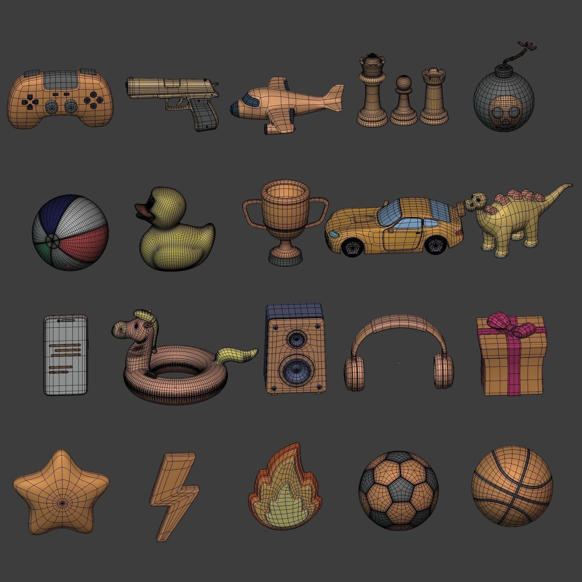 Cartoon Icon Pack - Game Controller - Plane - Car - Gun - Ball Low-poly 3D model_4