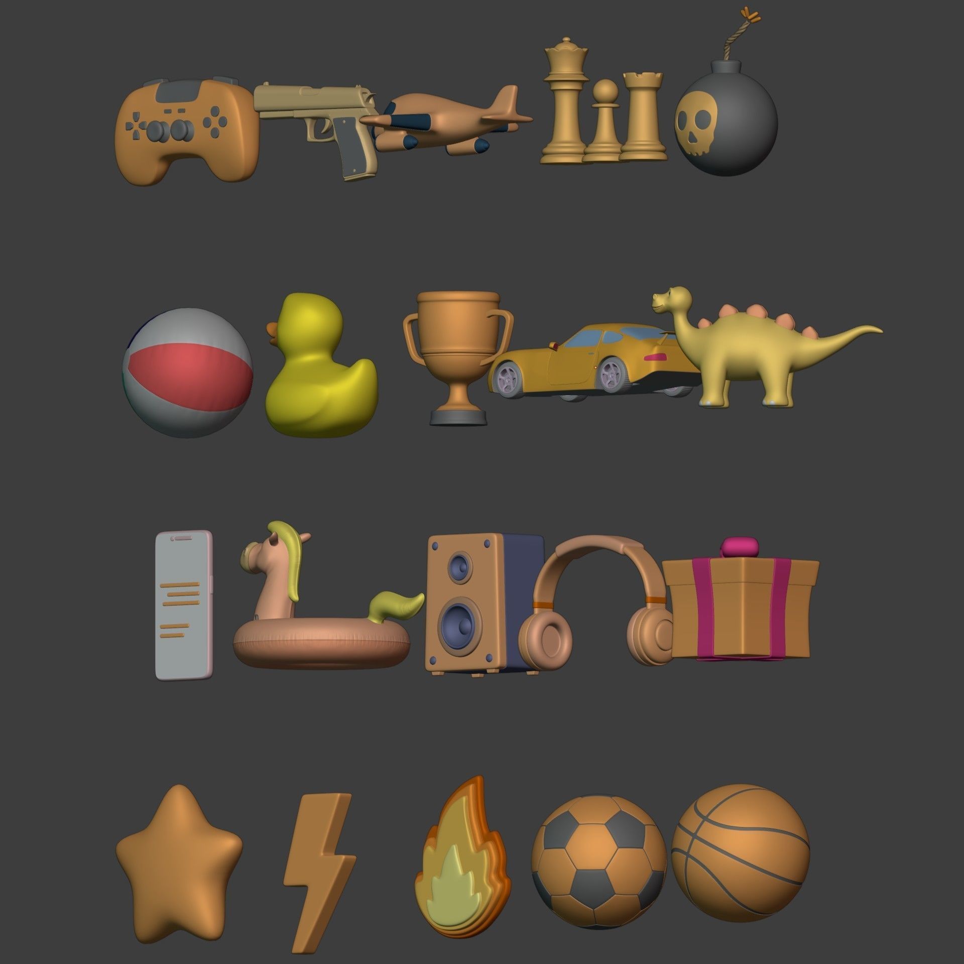 Cartoon Icon Pack - Game Controller - Plane - Car - Gun - Ball Low-poly 3D model_1