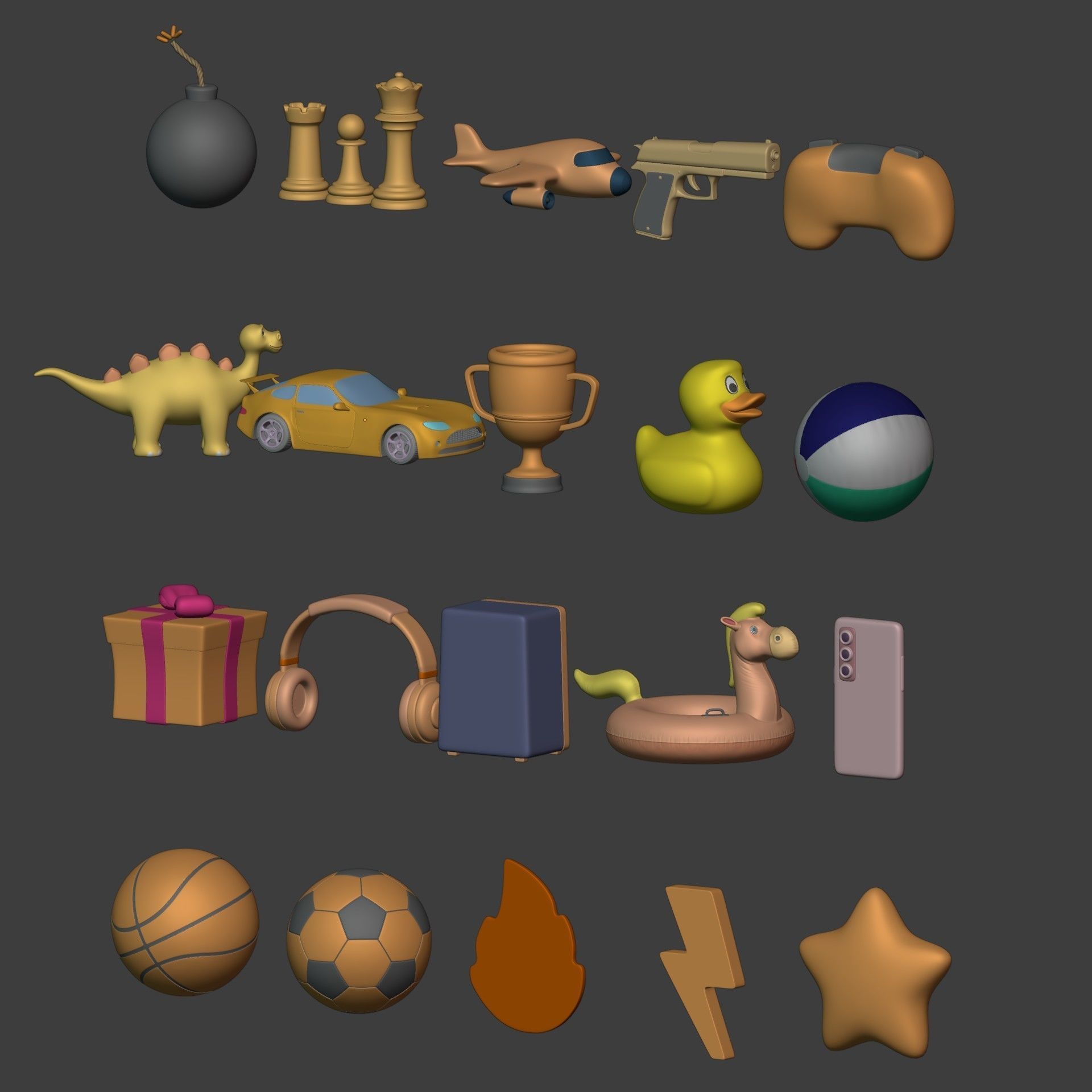Cartoon Icon Pack - Game Controller - Plane - Car - Gun - Ball Low-poly 3D model_7