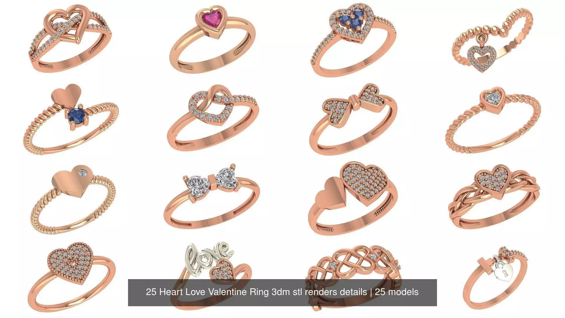 25 Heart Love Valentine Ring 3dm stl renders details 3D Model Collection_0