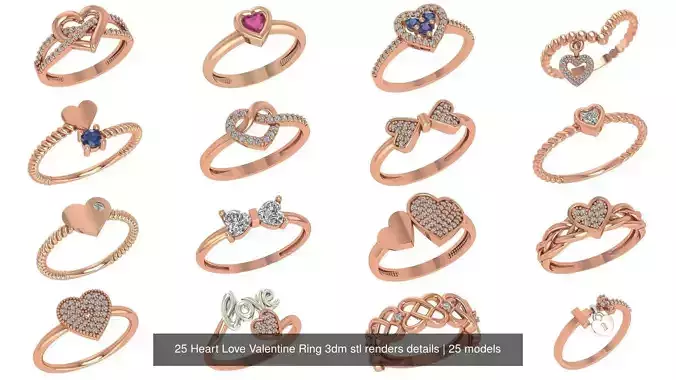 25 Heart Love Valentine Ring 3dm stl renders details 3D Model Collection