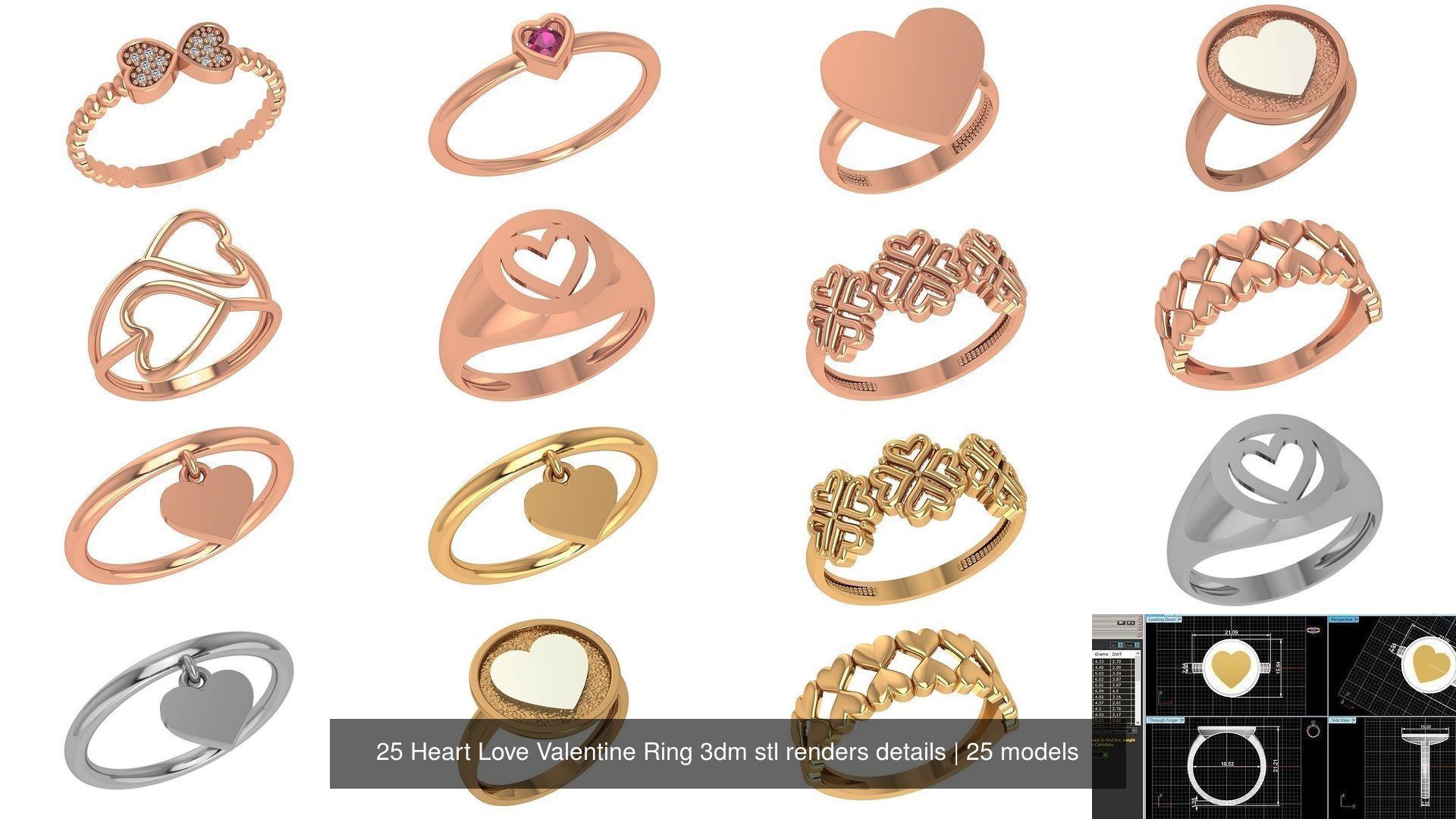 25 Heart Love Valentine Ring 3dm stl renders details 3D Model Collection_1