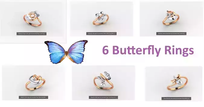 6 Butterfly Flower Ultra light wt minimalist Plain Gold Ring  3D Model Collection