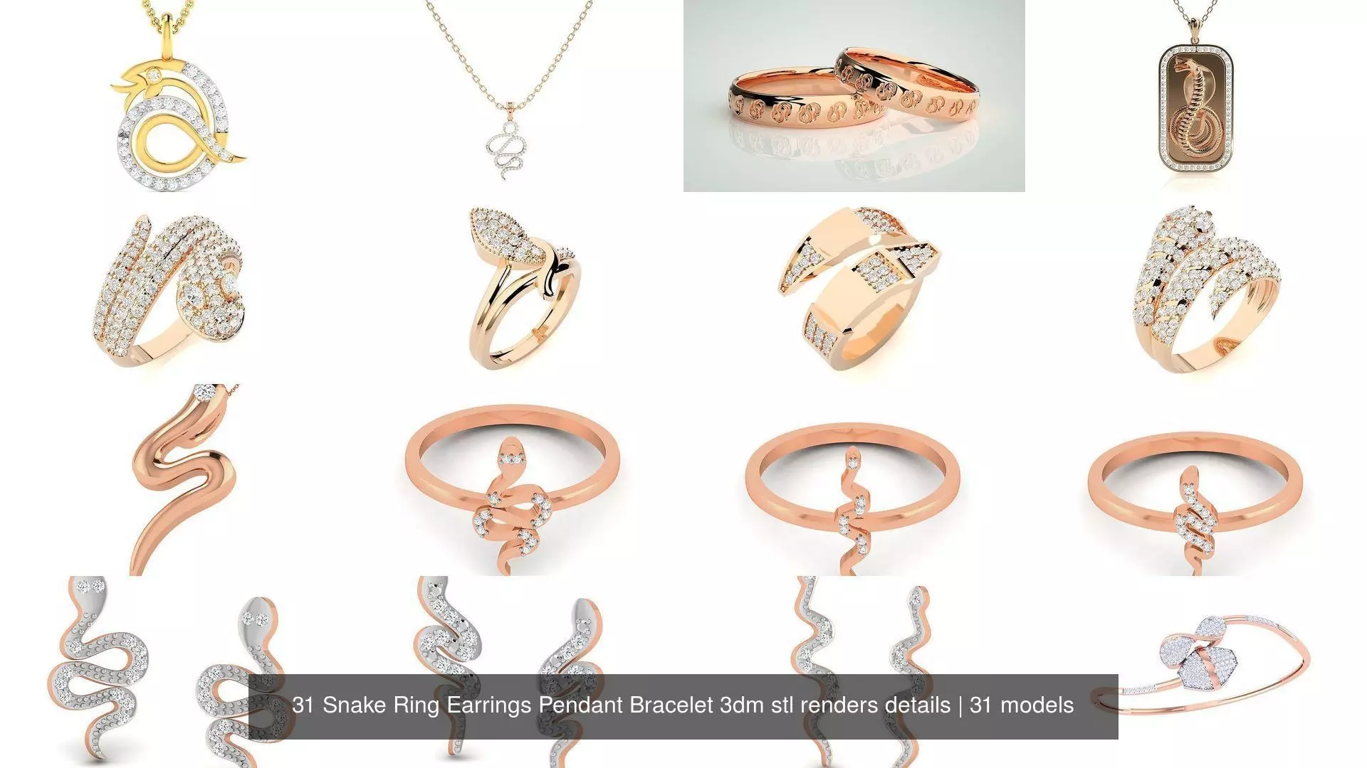 31 Snake Ring Earrings Pendant Bracelet 3dm stl renders details 3D Model Collection_0