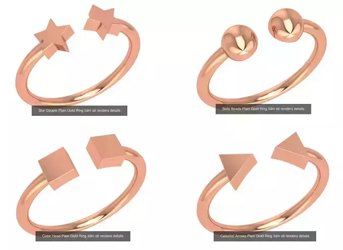 4 Dual End Light Wieght Minimilist Plain Gold Ring 3dm stl 3D Model Collection