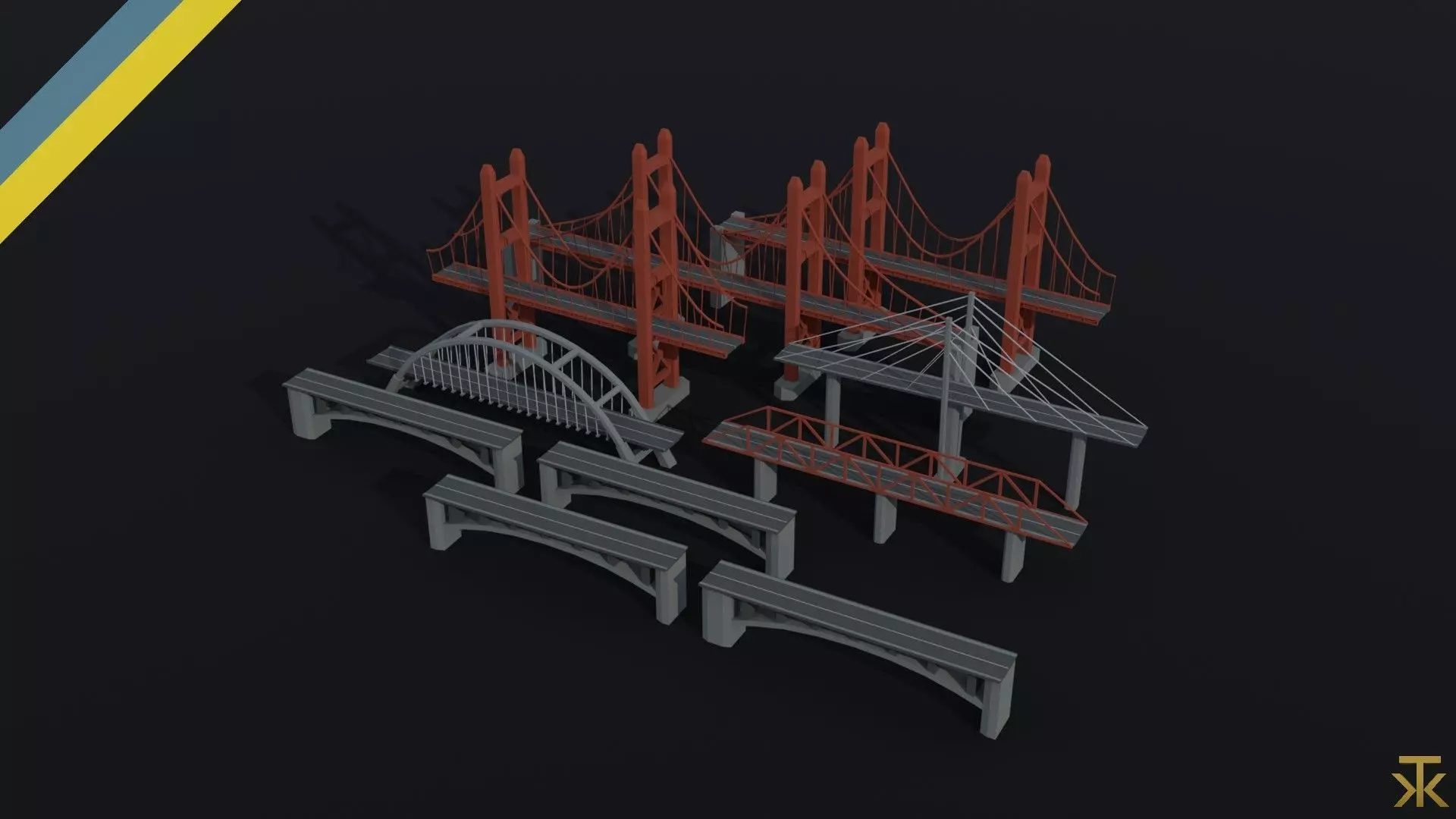 Cartoon modern bridges Polygonal Style Low-poly 3D model_0