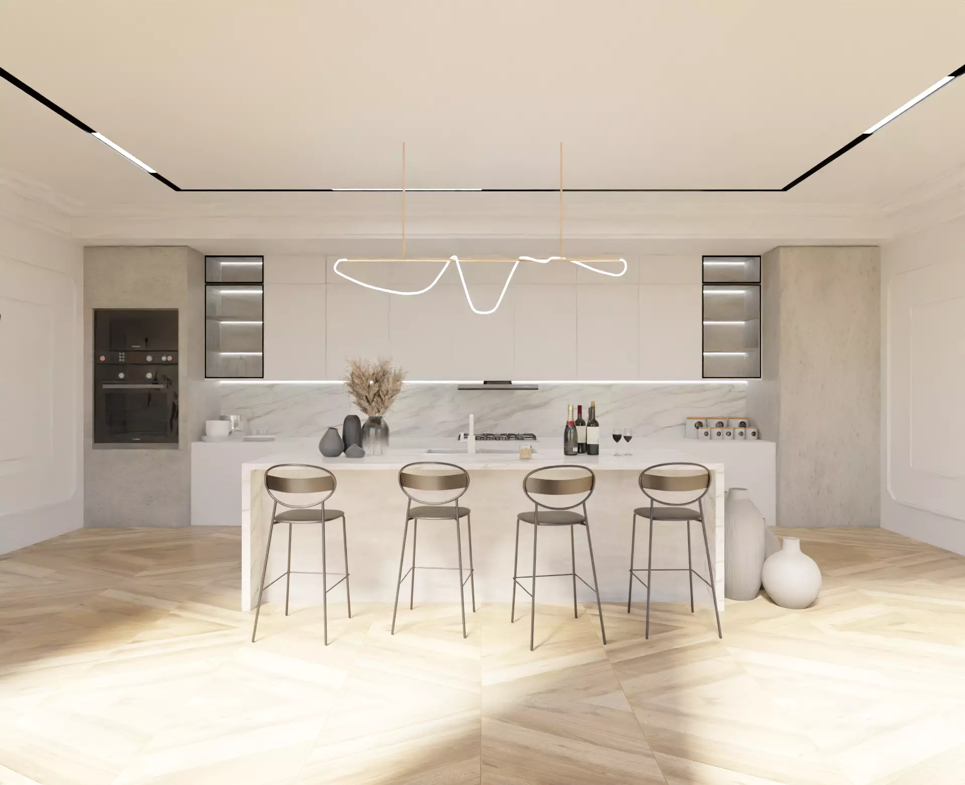 Beautiful kitchen interior in white with marble and concrete 3D model