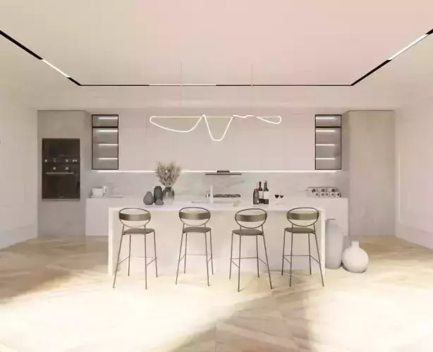 Beautiful kitchen interior in white with marble and concrete