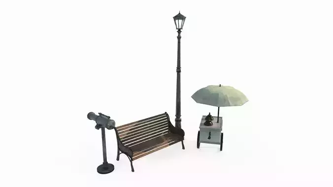 Street lamps telescopes benches