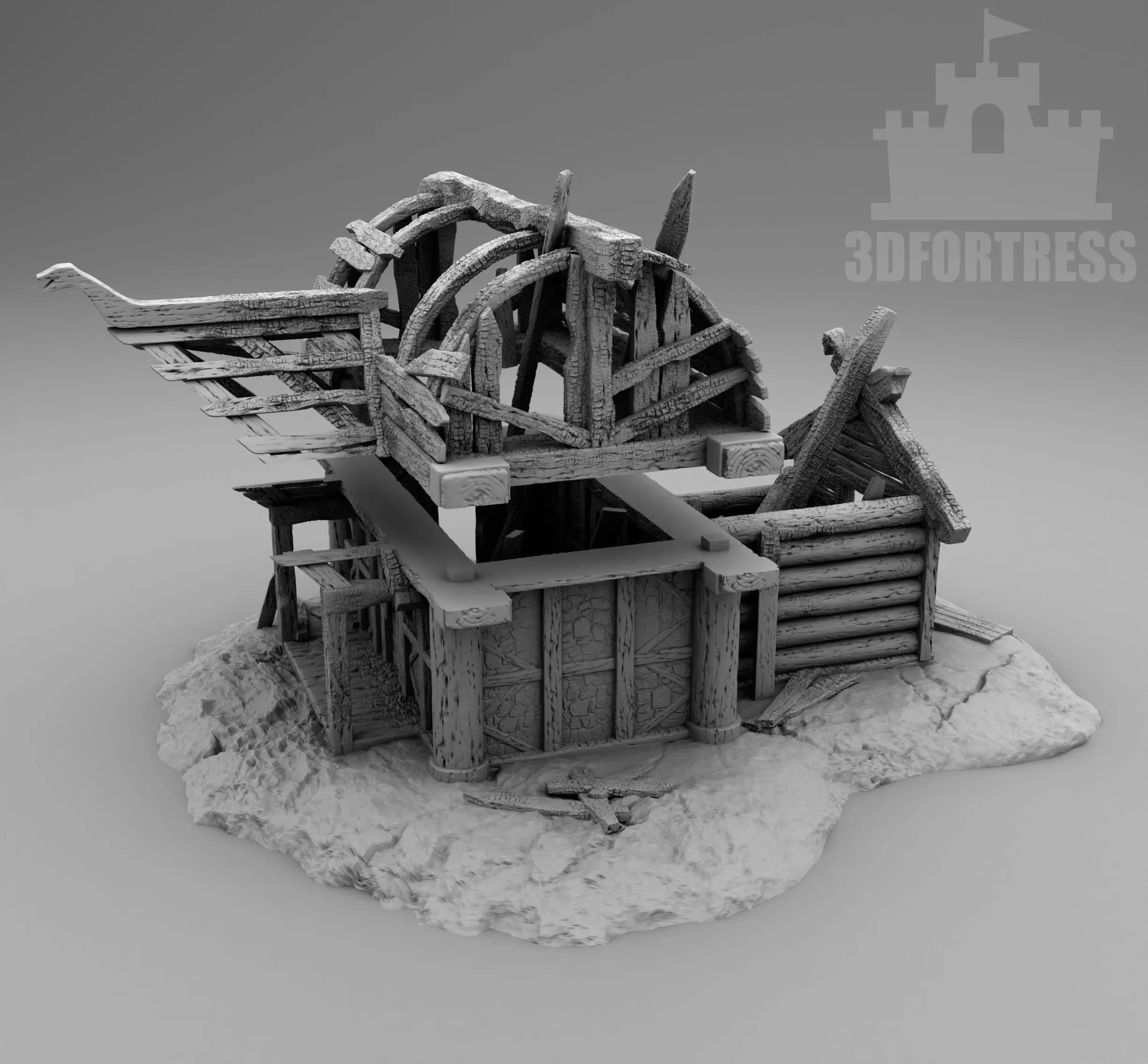 Destroyed wooden house 3D print model_0