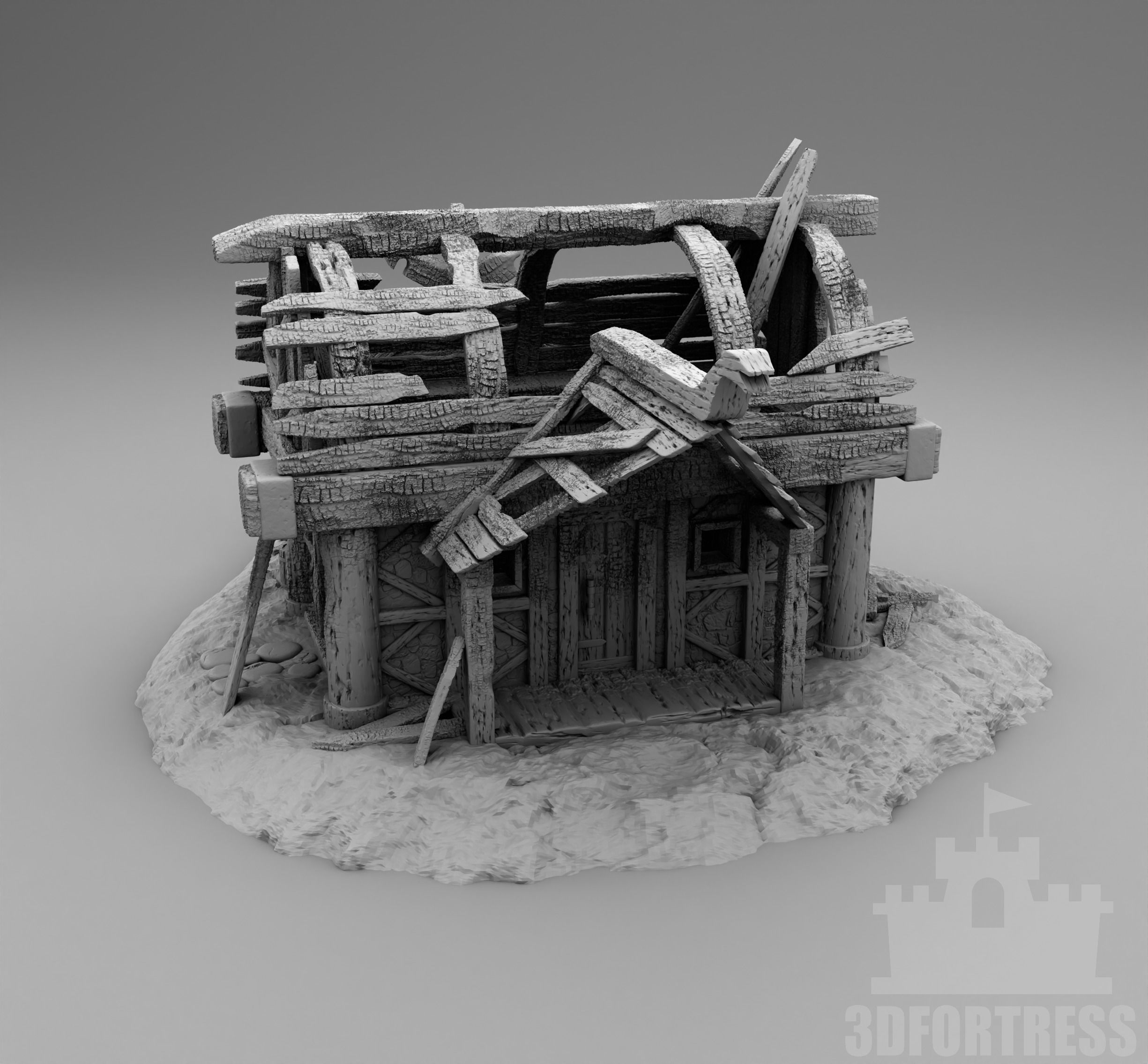 Destroyed wooden house 3D print model_2