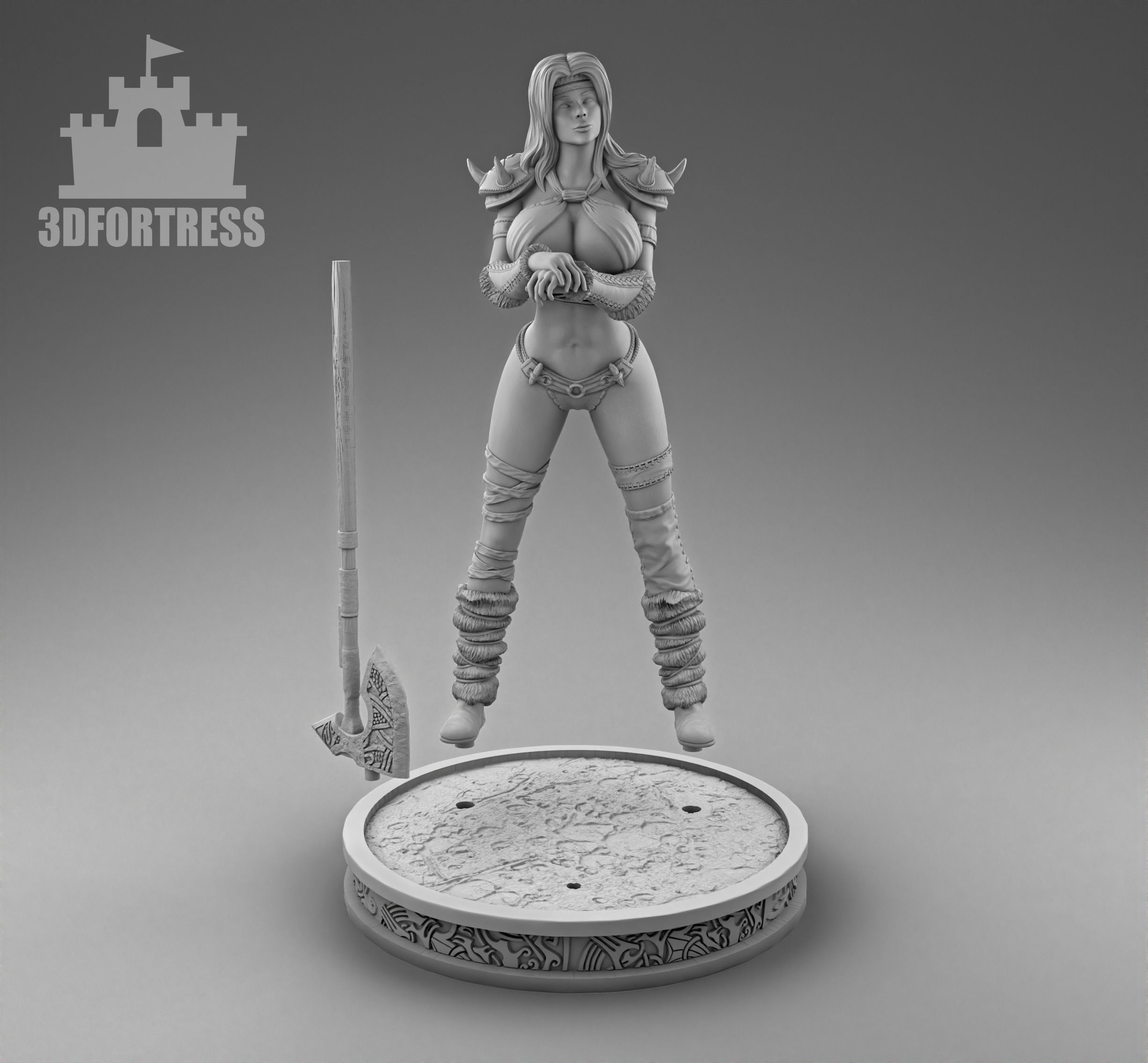 Viking girl with a two-handed axe 3D print model_3