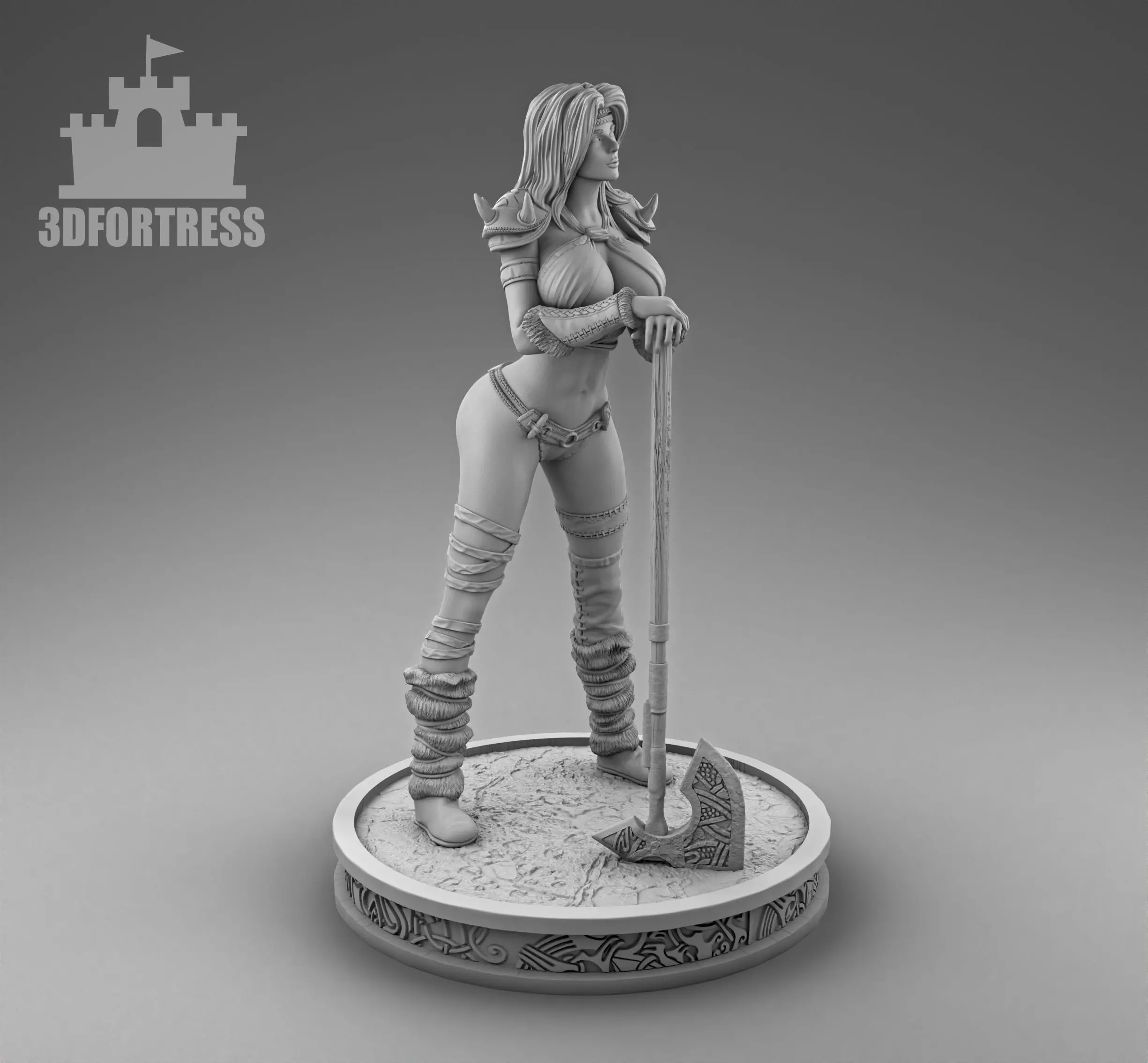 Viking girl with a two-handed axe 3D print model_0