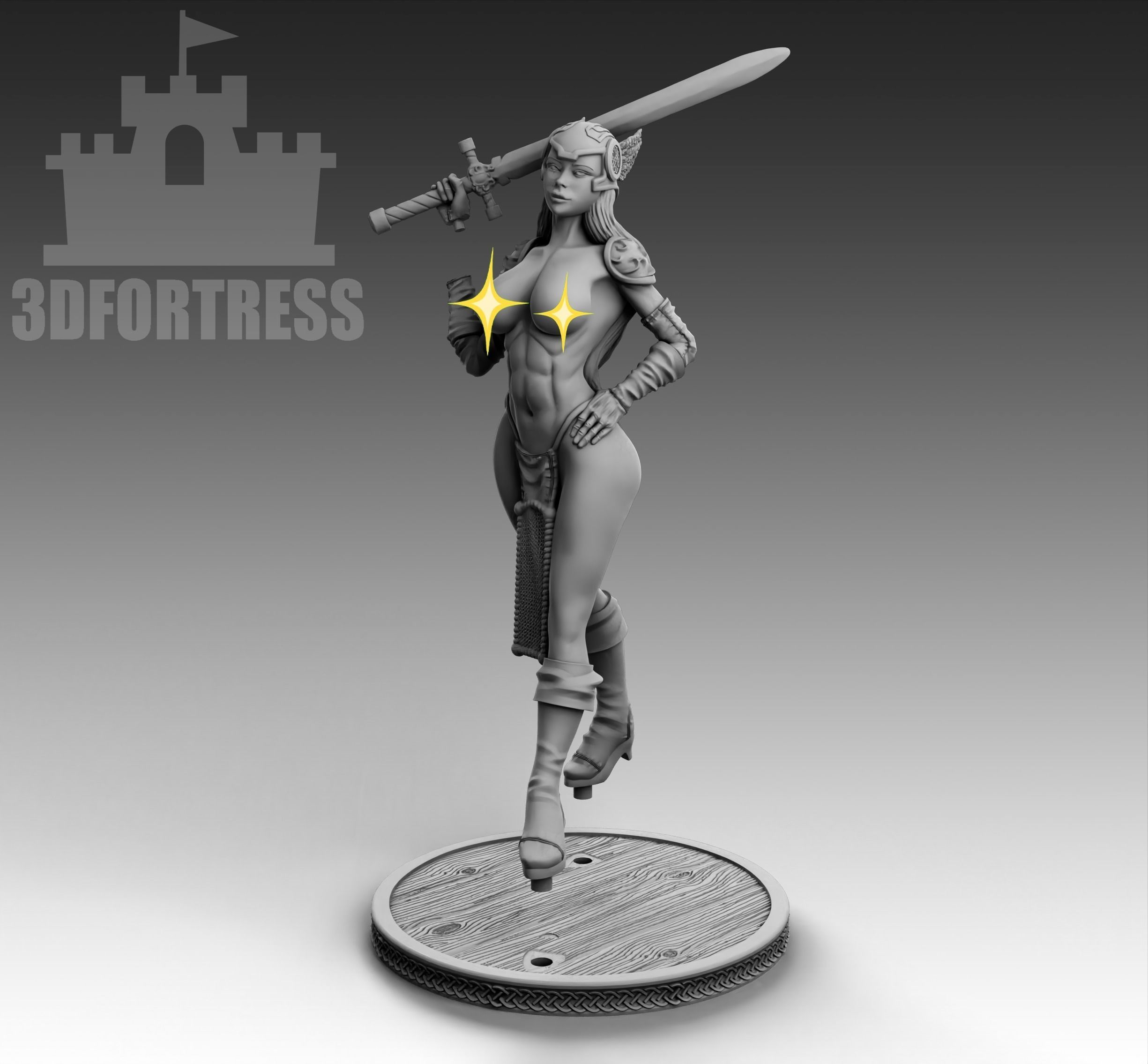 Viking girl with a sword 3D print model_3