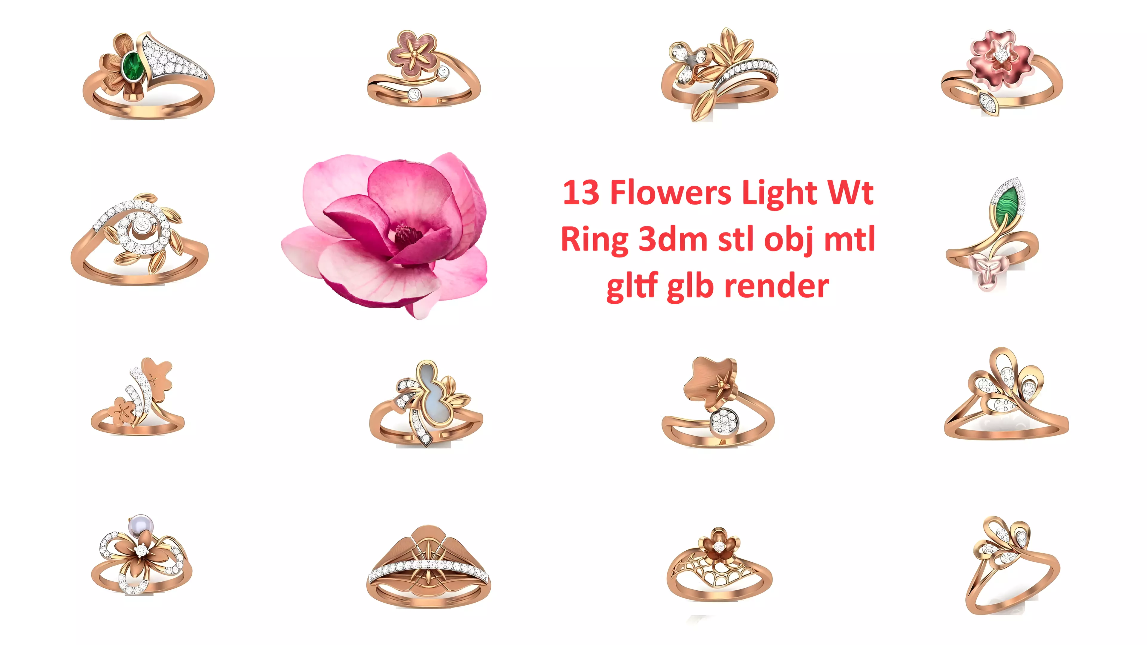 13 Flowers Light Wt Ring 3dm stl obj mtl gltf glb render 3D Model Collection_0