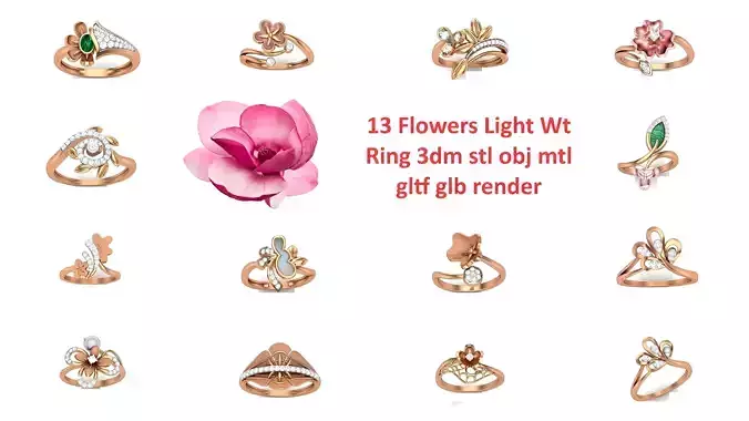 13 Flowers Light Wt Ring 3dm stl obj mtl gltf glb render 3D Model Collection
