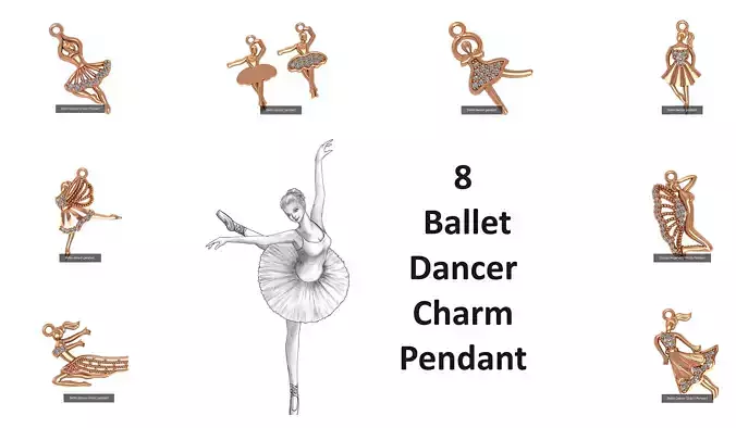 8 Ballet Dancer Charm Pendant 3D Model Collection