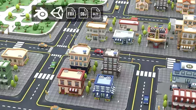 Cartoon Low Poly Modular City Pack Low-poly 3D model