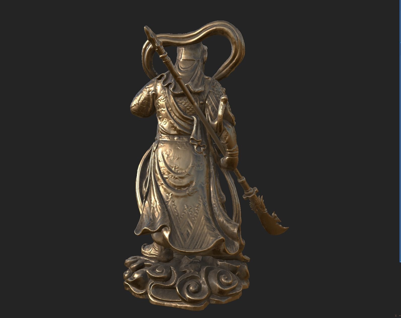 Bronze Statue of Guan Gong PBR and 3Dprint Low-poly 3D model_1