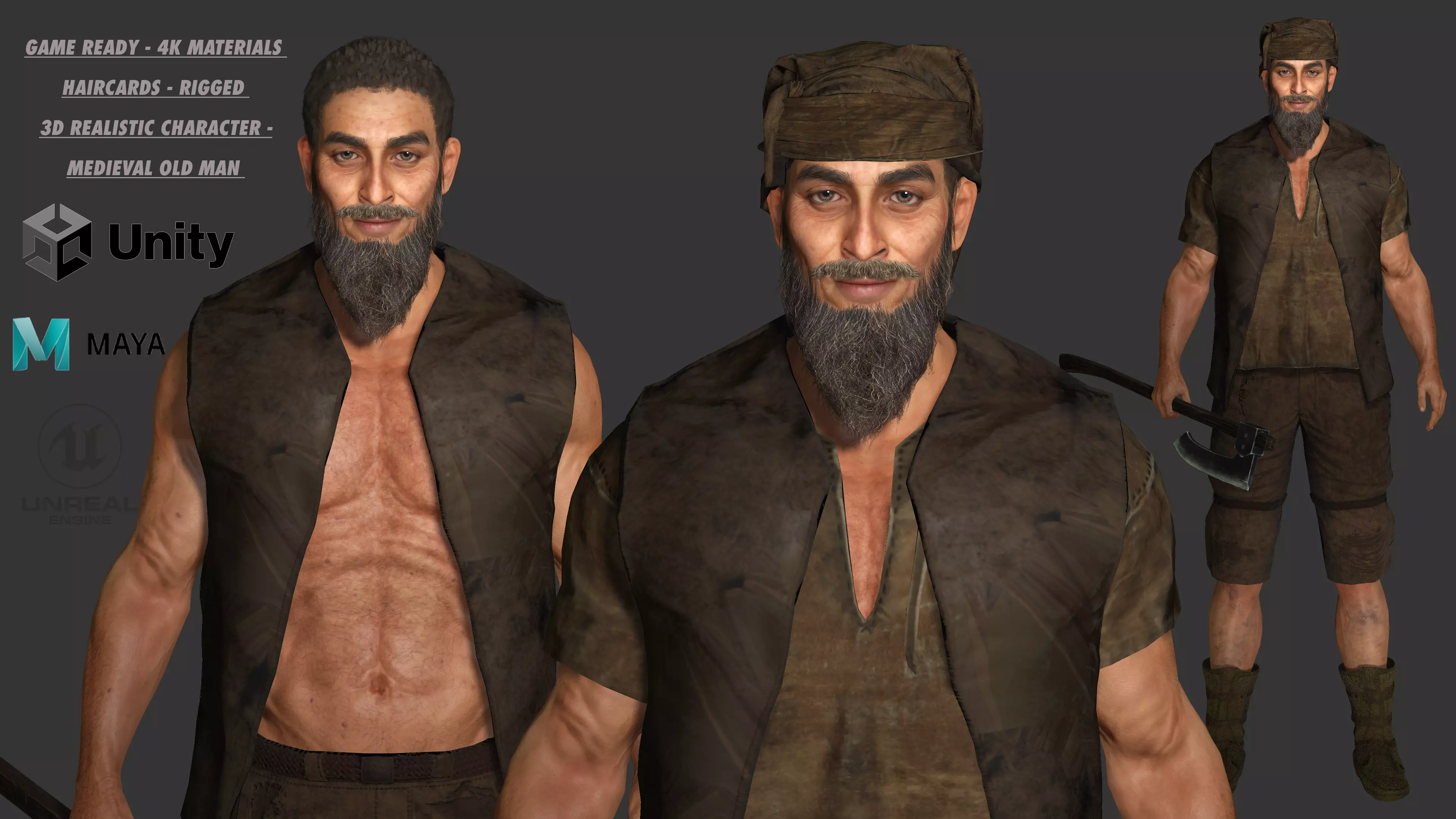 3D REALISTIC CHARACTER - MEDIEVAL BEARDED OLD MAN 02 Low-poly 3D model_0