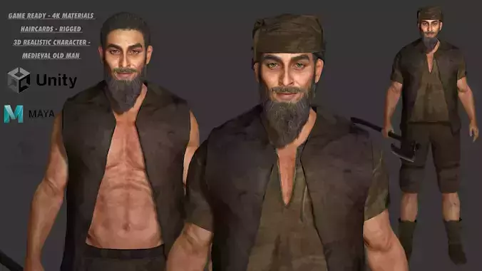 3D REALISTIC CHARACTER - MEDIEVAL BEARDED OLD MAN 02 Low-poly 3D model