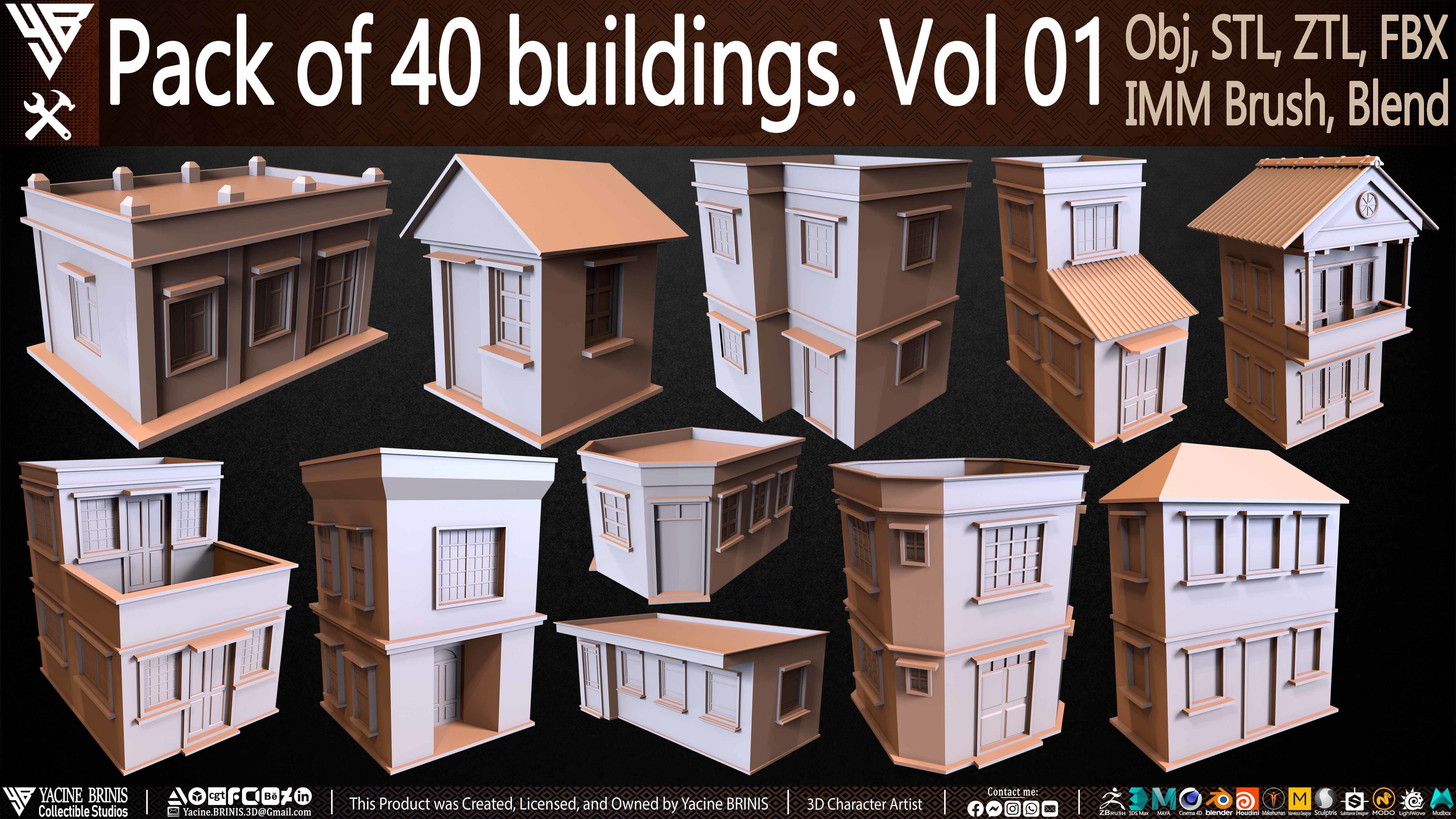 Pack of 40 Buildings Volume 01 Low-poly 3D model_1