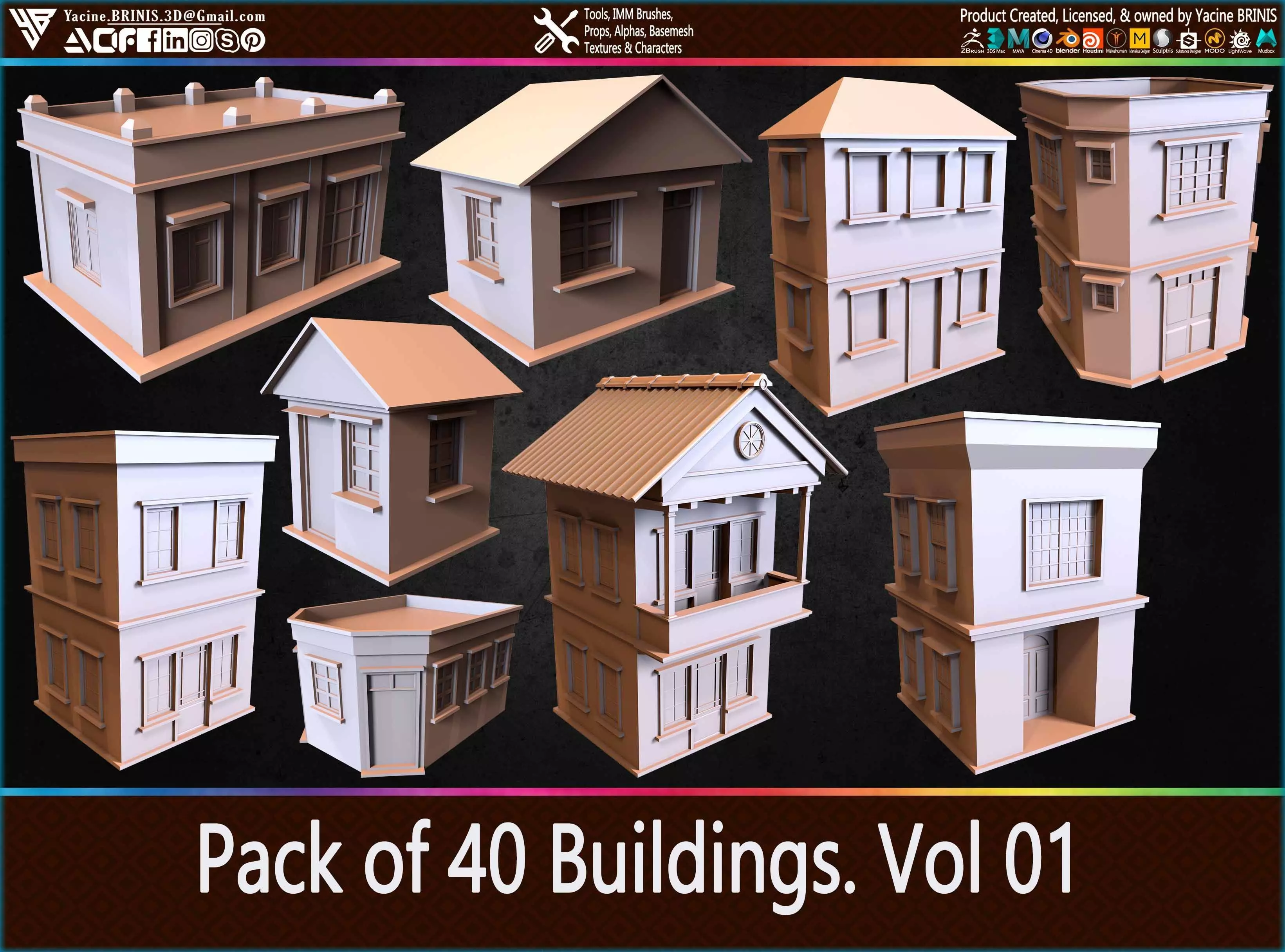 Pack of 40 Buildings Volume 01 Low-poly 3D model_0