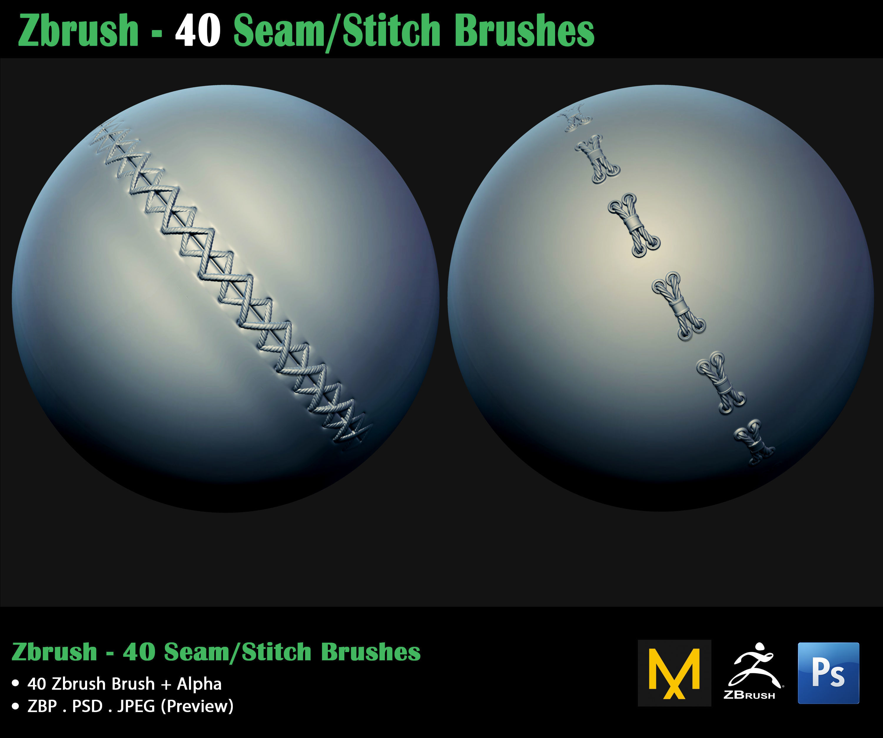 ZBrush - 40 Seam Stitch Brushes - Video Tutorial 3D model_4