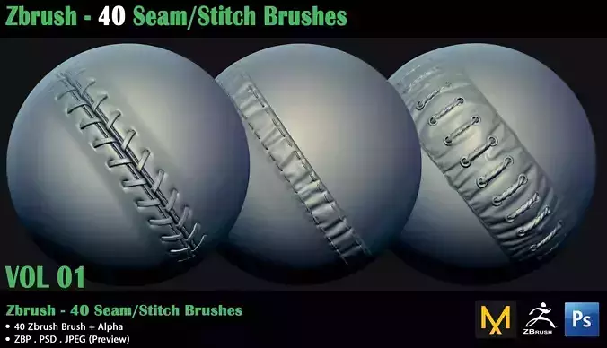 ZBrush - 40 Seam Stitch Brushes - Video Tutorial 3D model