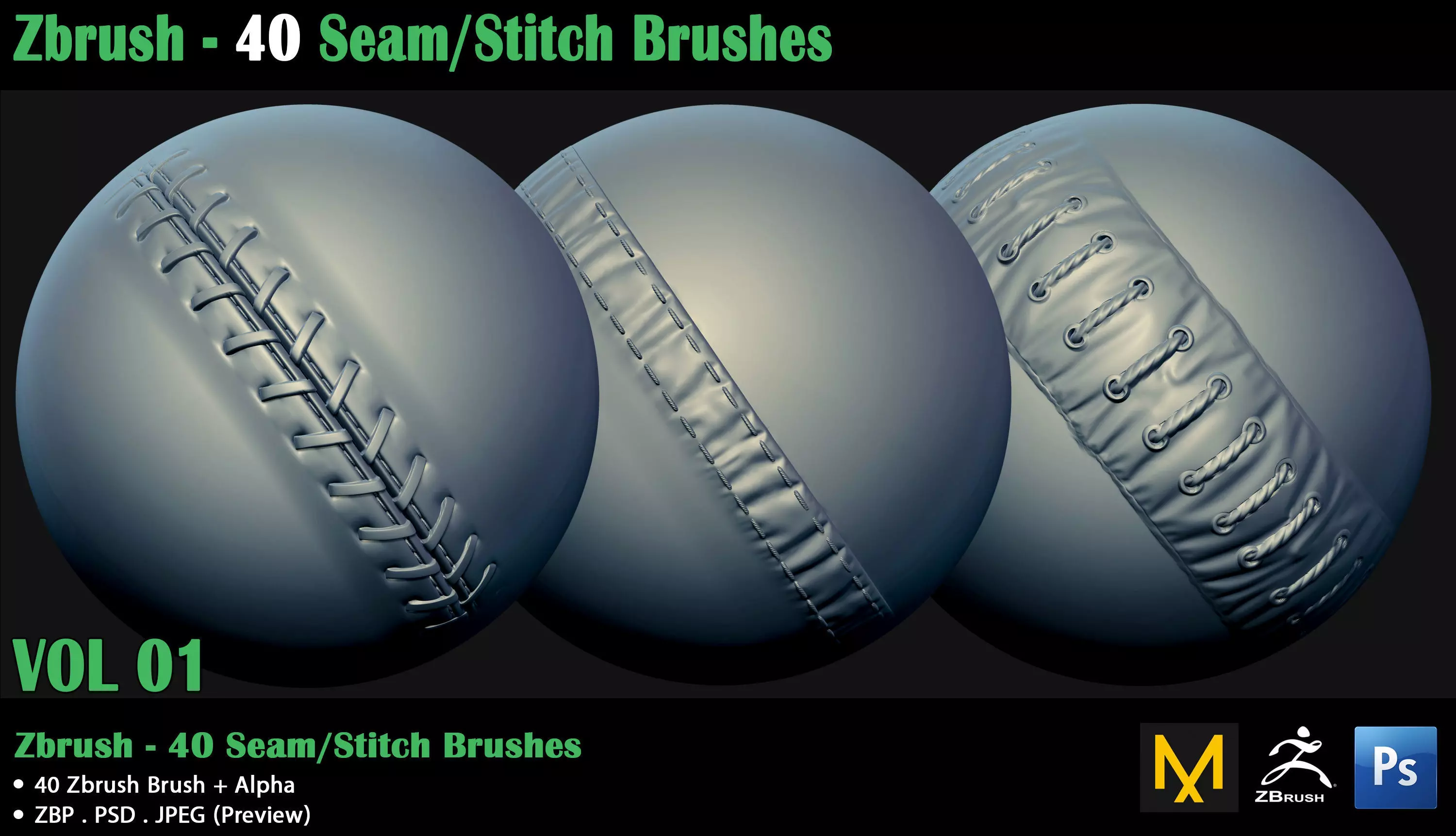 ZBrush - 40 Seam Stitch Brushes - Video Tutorial 3D model_0
