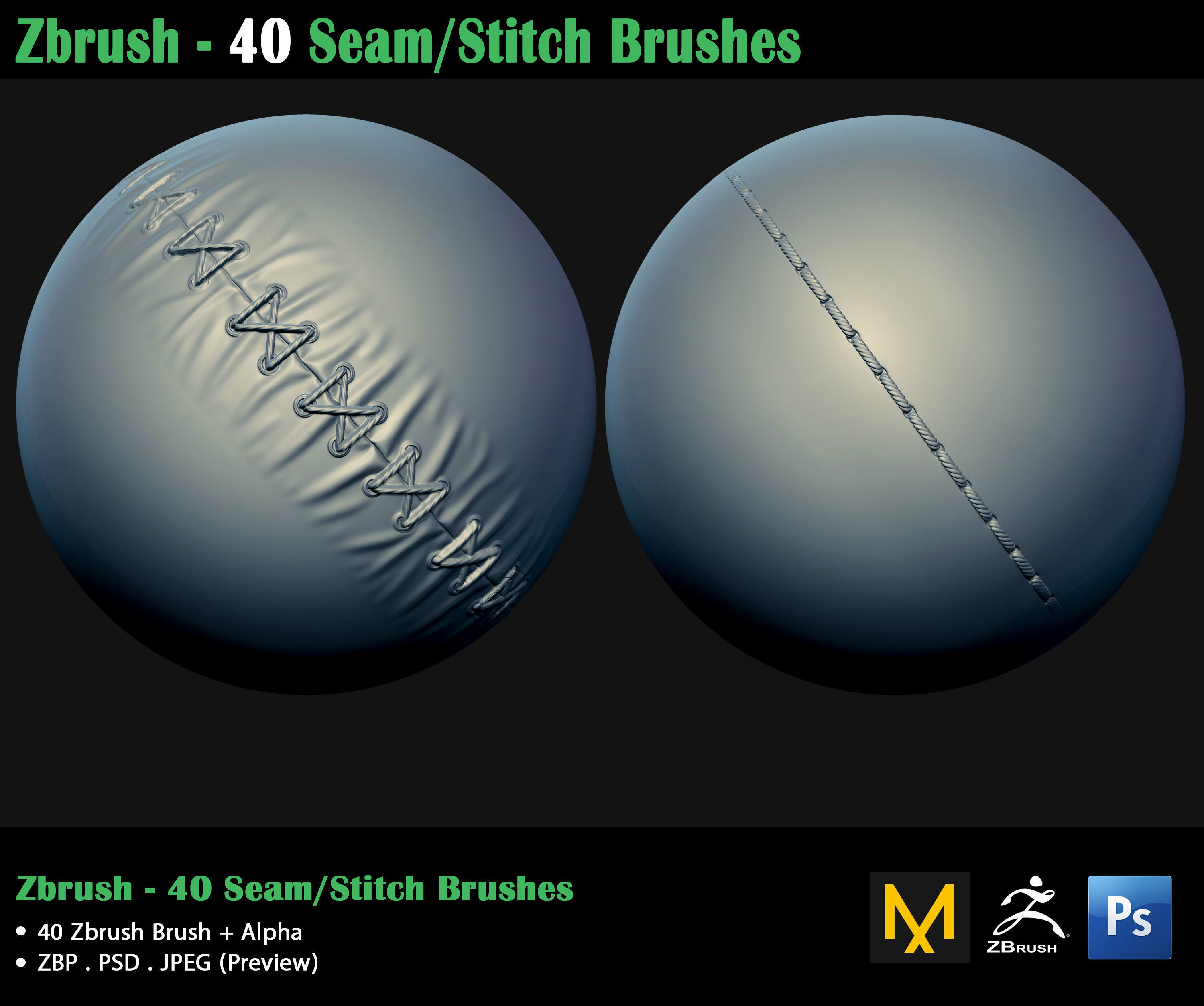 ZBrush - 40 Seam Stitch Brushes - Video Tutorial 3D model_9