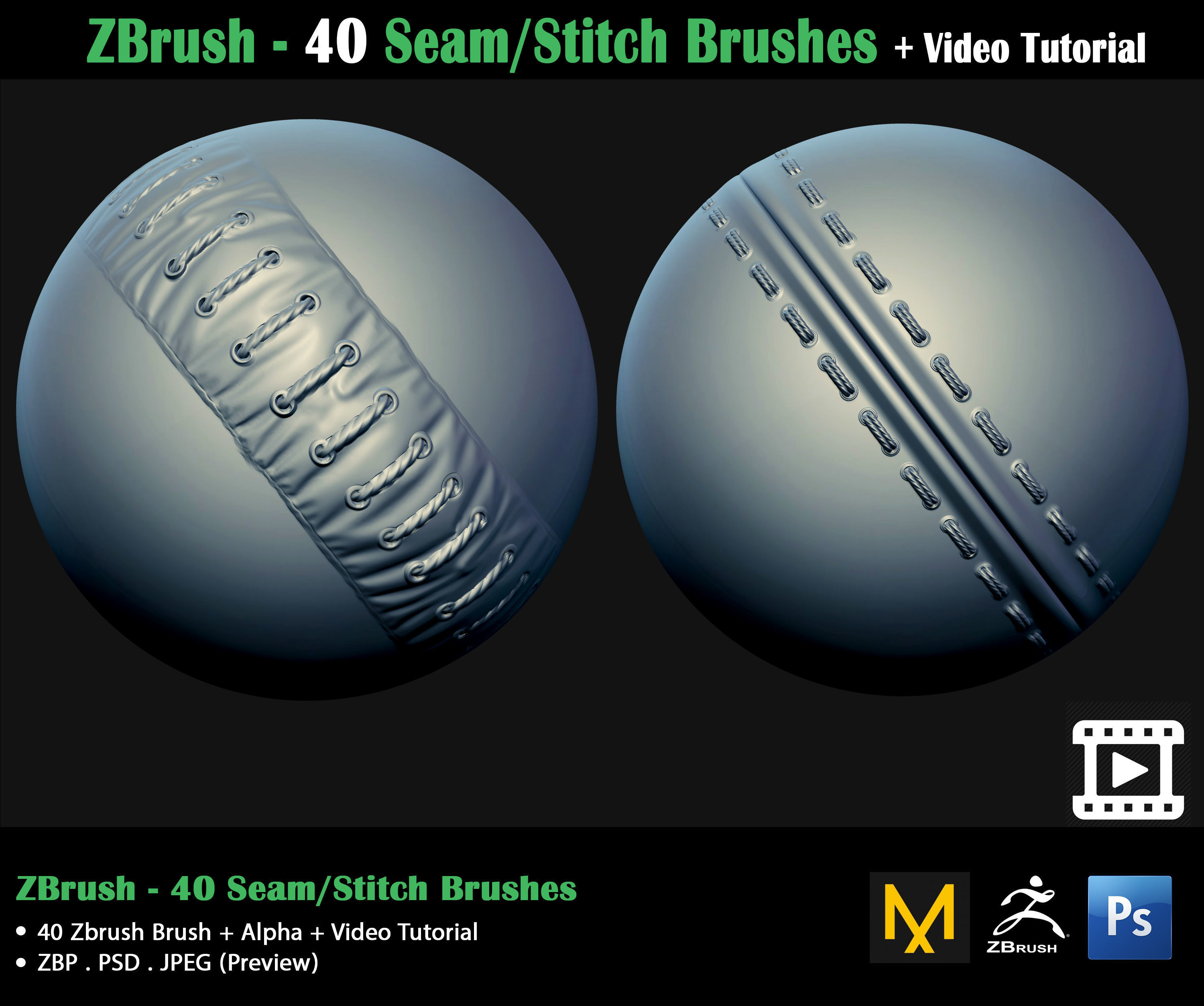 ZBrush - 40 Seam Stitch Brushes - Video Tutorial 3D model_20