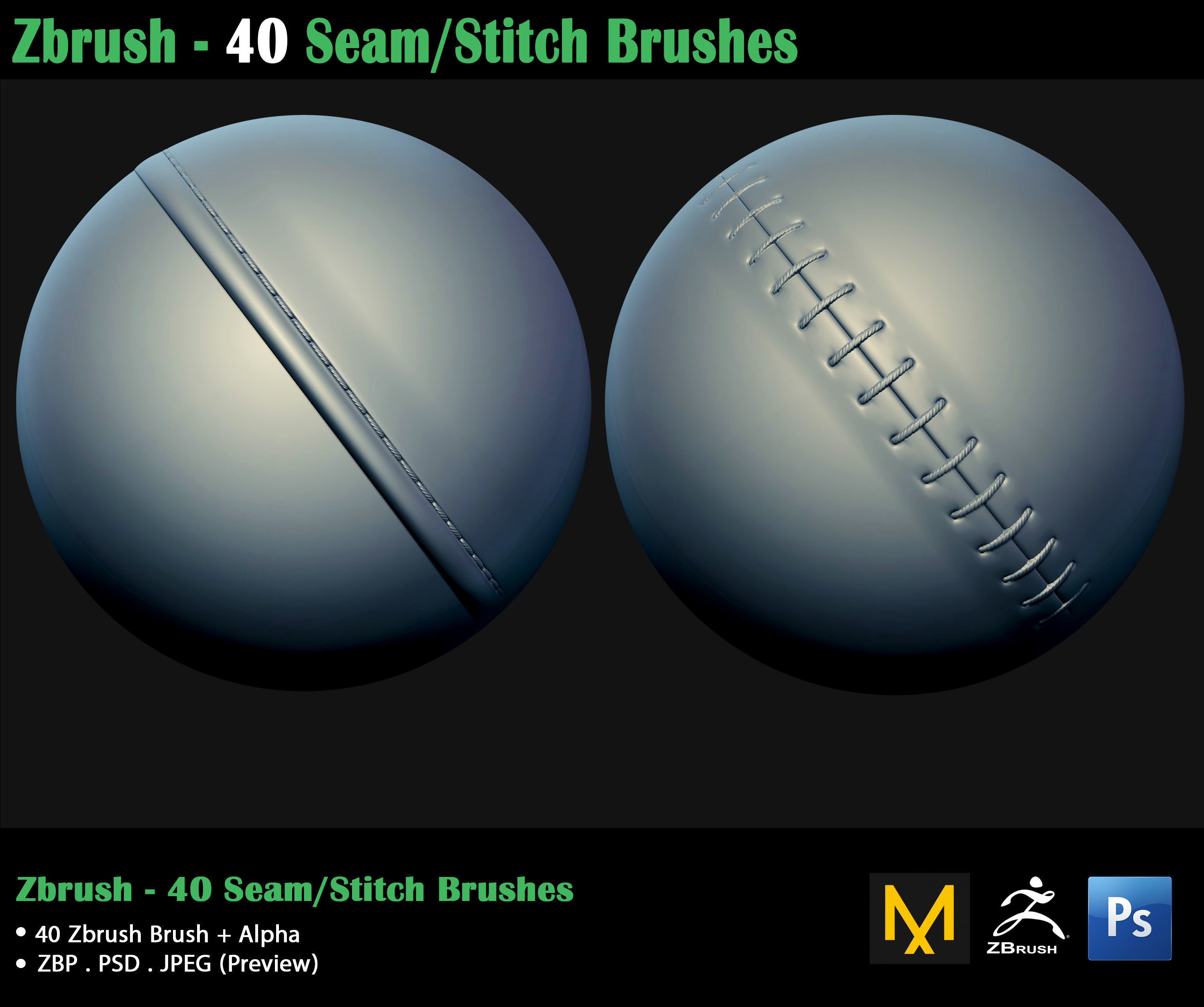 ZBrush - 40 Seam Stitch Brushes - Video Tutorial 3D model_11