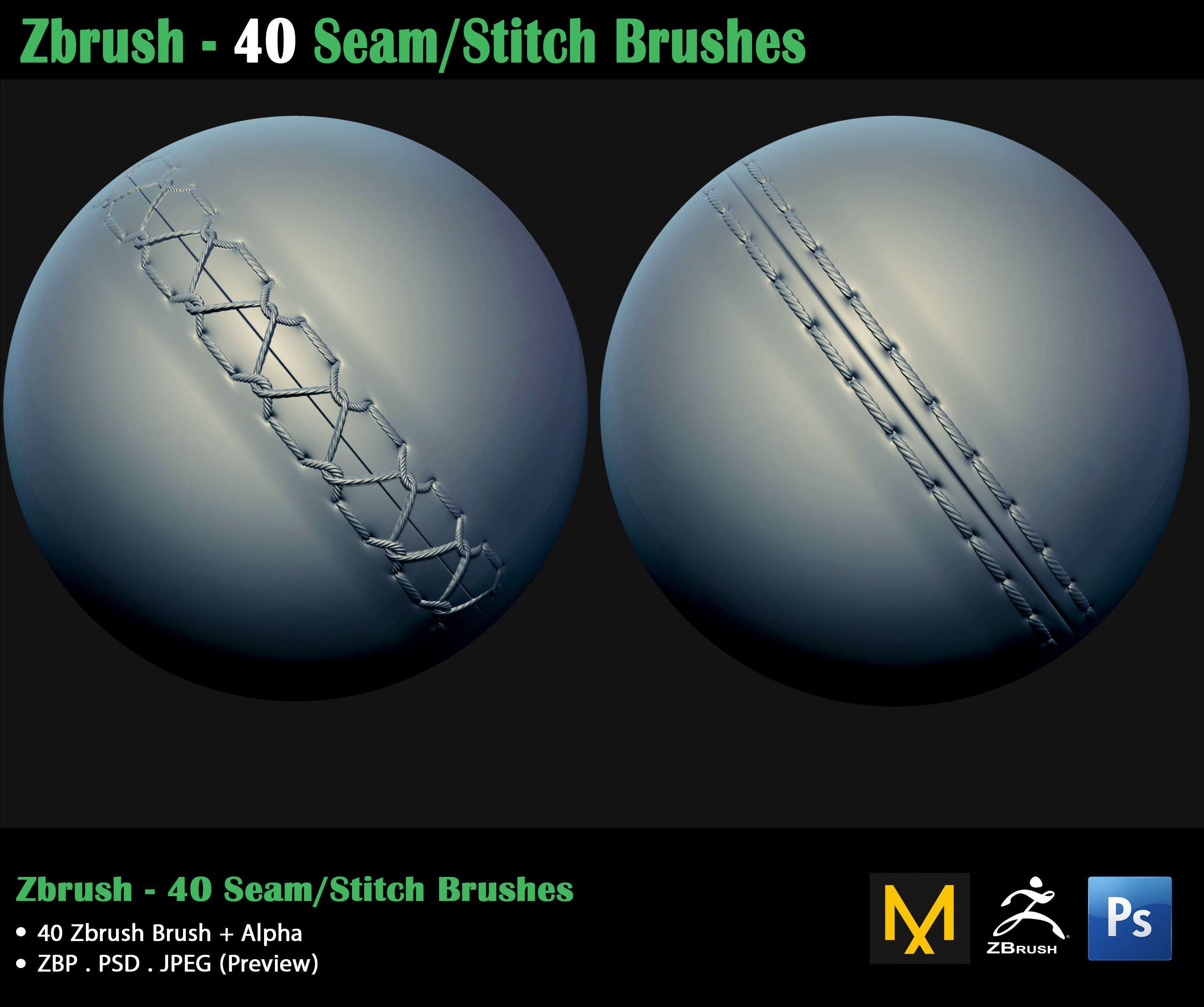 ZBrush - 40 Seam Stitch Brushes - Video Tutorial 3D model_2