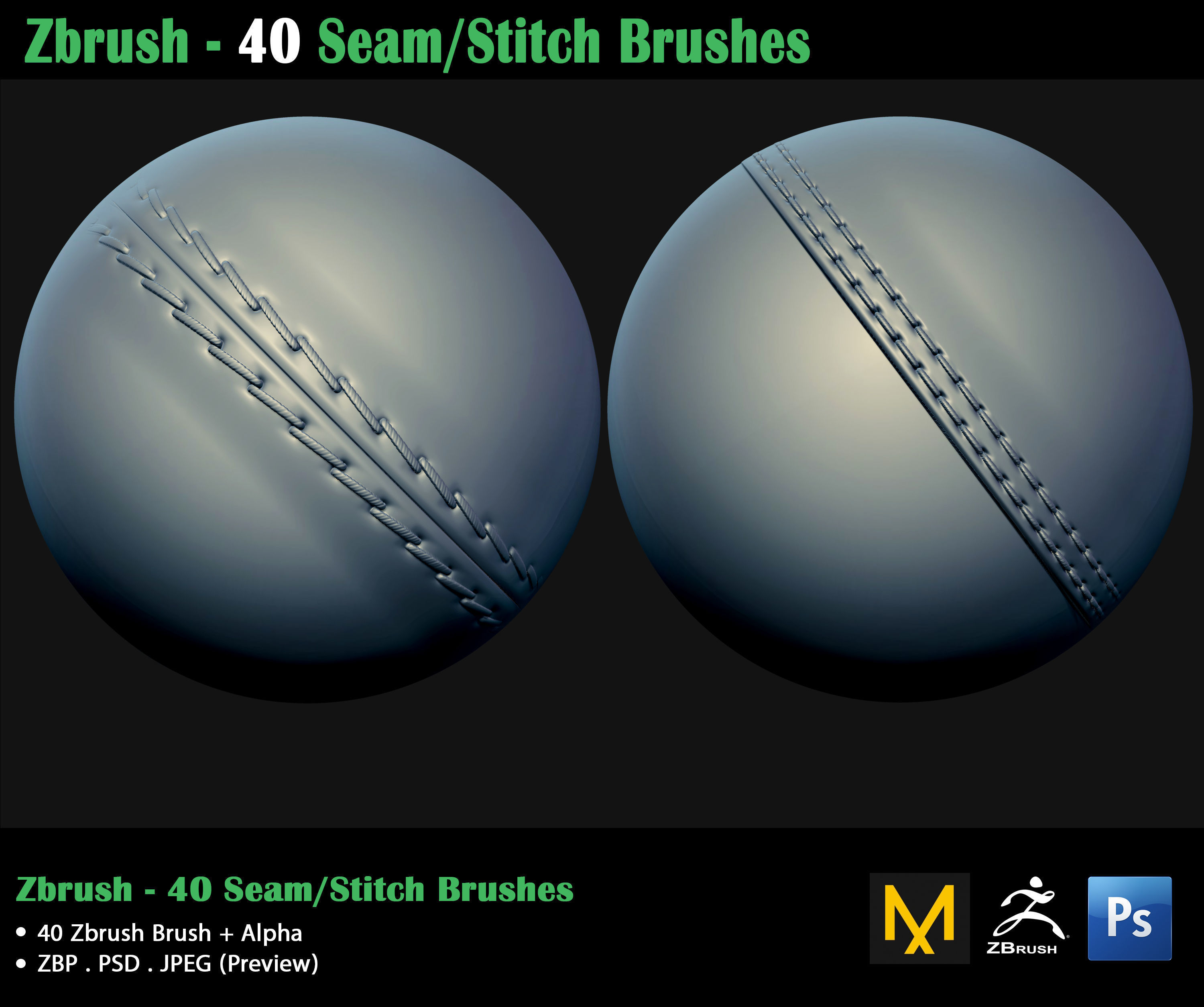 ZBrush - 40 Seam Stitch Brushes - Video Tutorial 3D model_6
