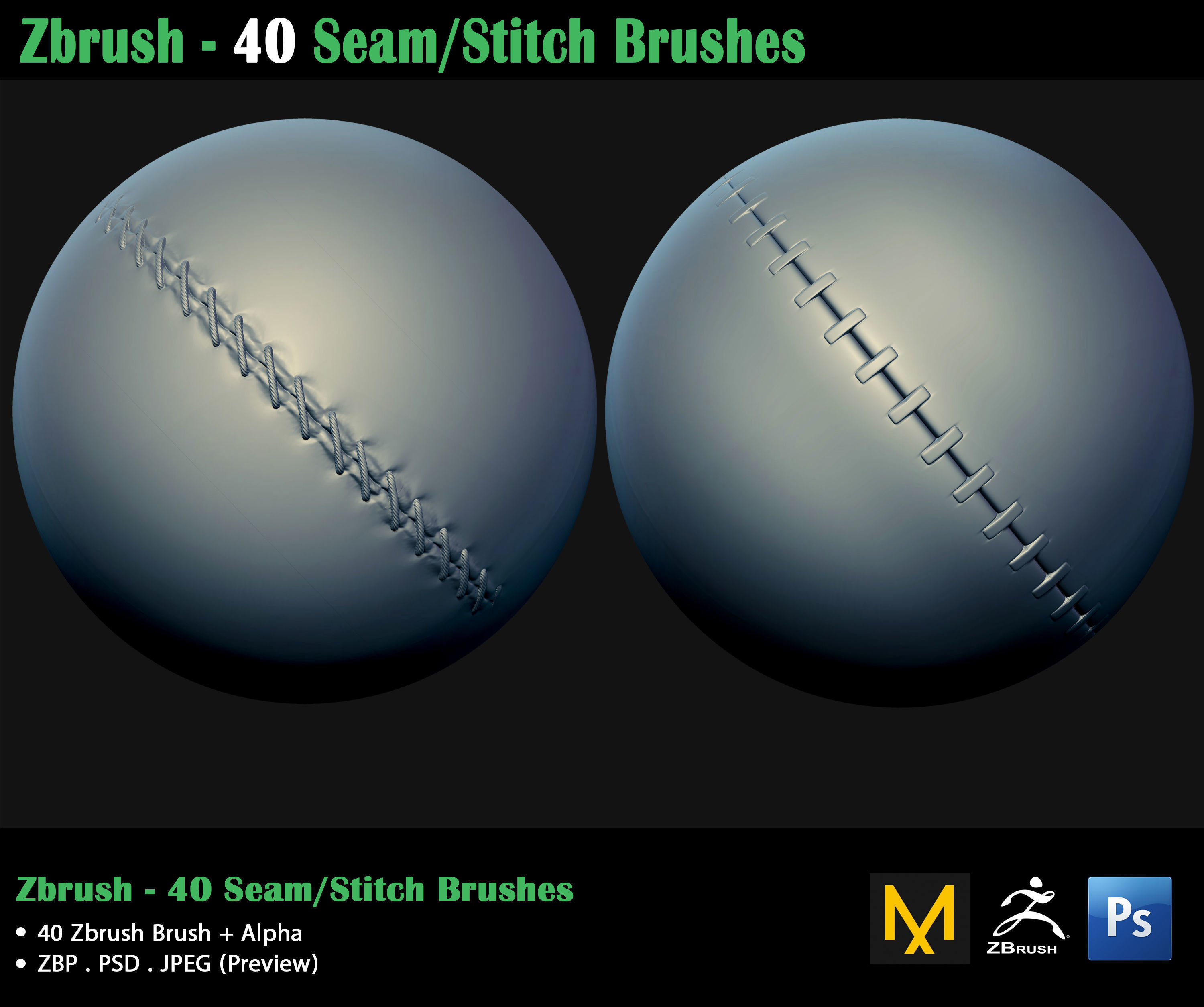 ZBrush - 40 Seam Stitch Brushes - Video Tutorial 3D model_1