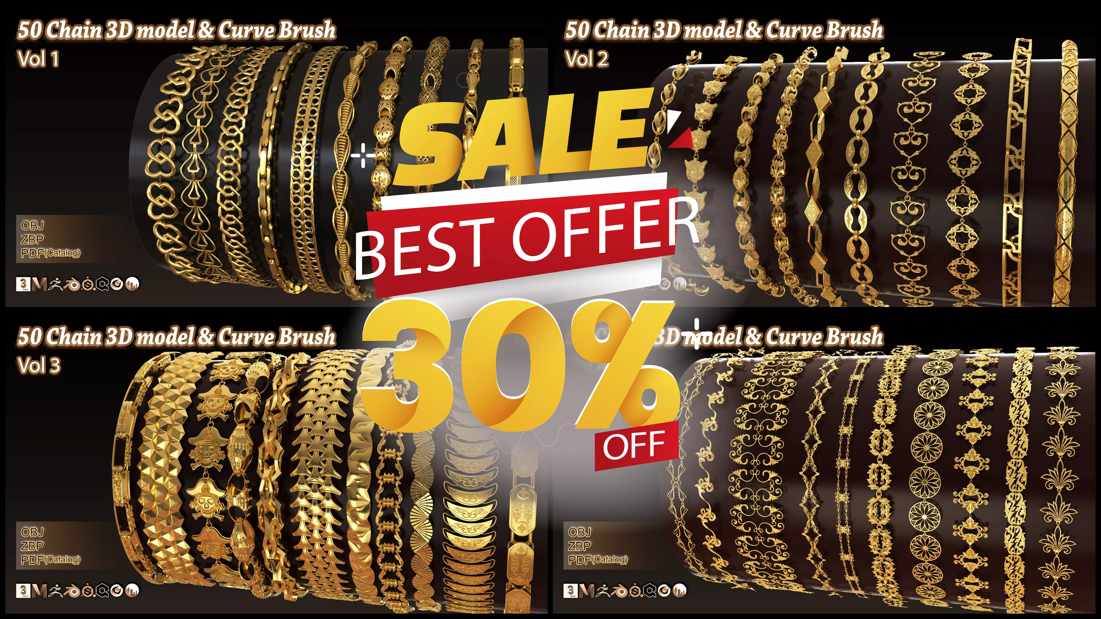200 Chain 3D Model and Curve brush Bundle 3D Model Collection_0