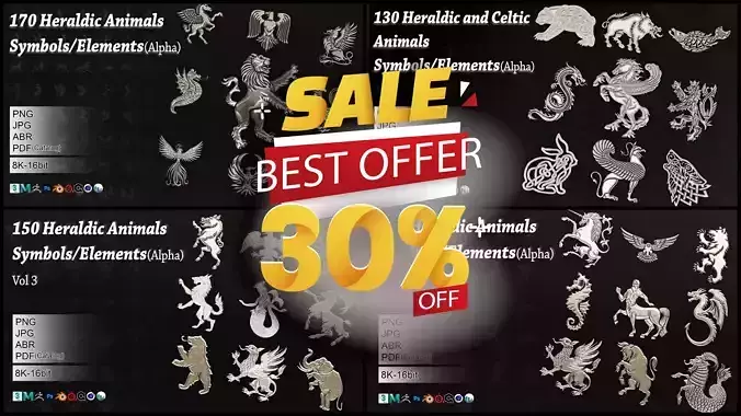 600 Heraldic Animals Symbol Element Bundle 3D Model Collection
