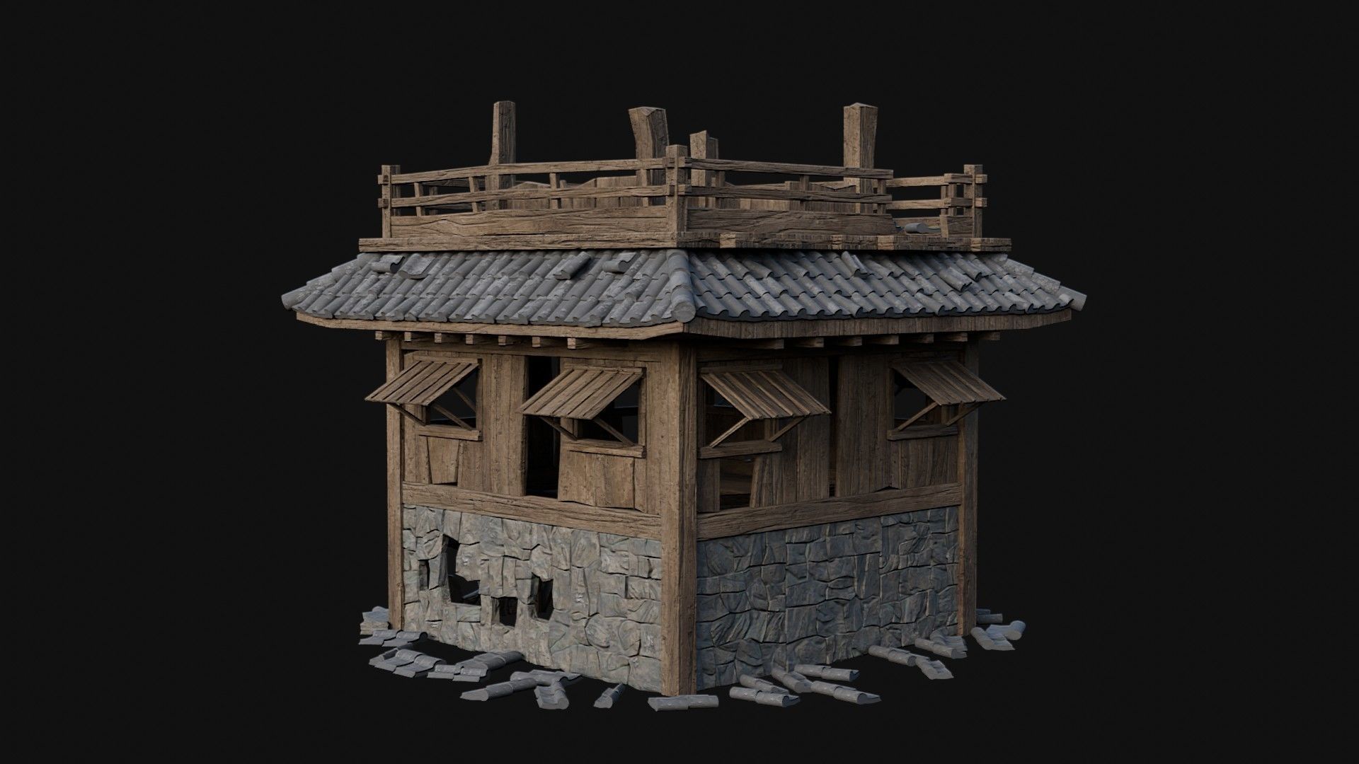 DESTROYED RUINED JAPANESE TOWER WATCHTOWER WALLS COLLECTION AAA Low-poly 3D model_38