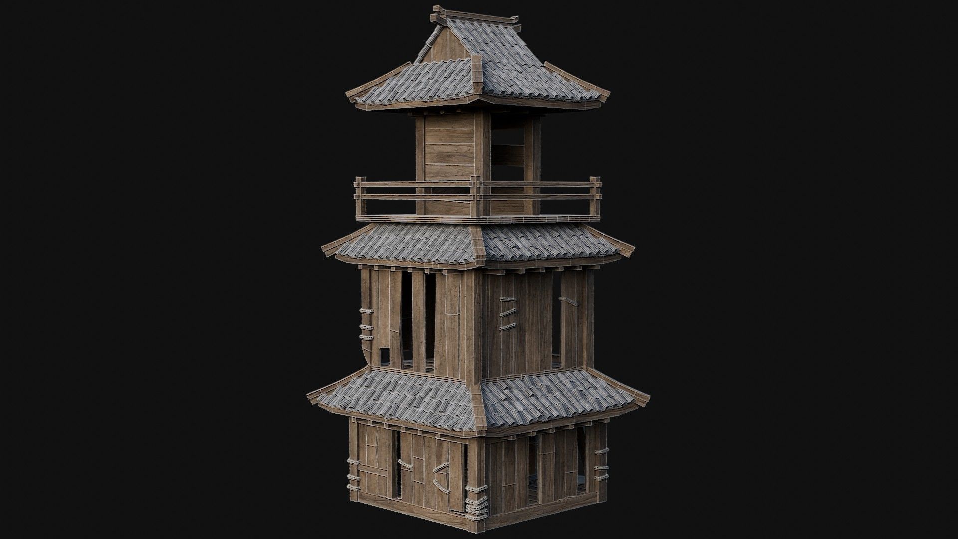 DESTROYED RUINED JAPANESE TOWER WATCHTOWER WALLS COLLECTION AAA Low-poly 3D model_53