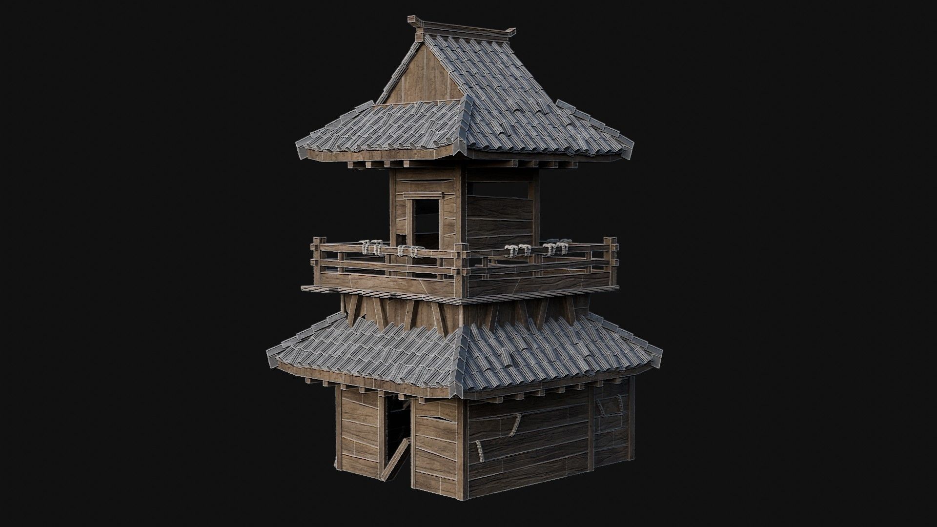 DESTROYED RUINED JAPANESE TOWER WATCHTOWER WALLS COLLECTION AAA Low-poly 3D model_24