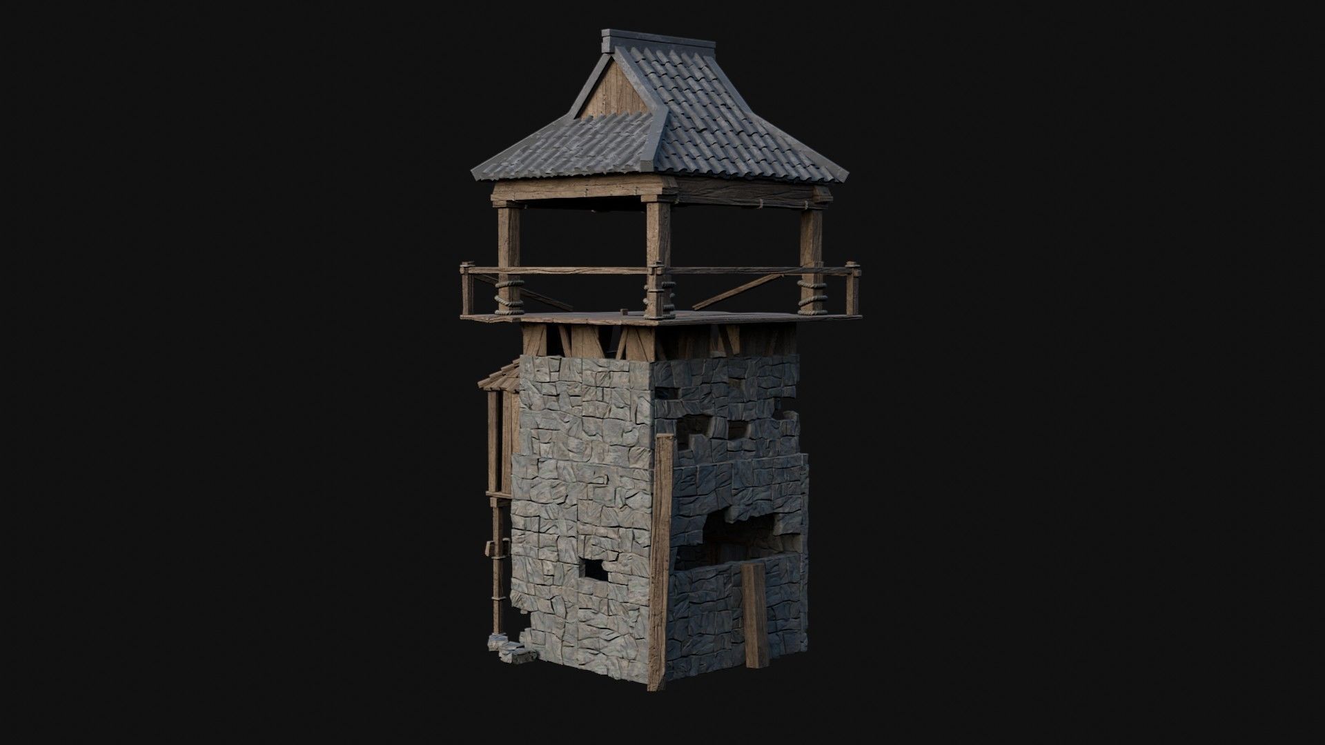 DESTROYED RUINED JAPANESE TOWER WATCHTOWER WALLS COLLECTION AAA Low-poly 3D model_3