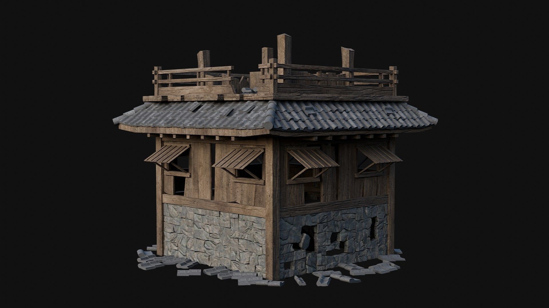 DESTROYED RUINED JAPANESE TOWER WATCHTOWER WALLS COLLECTION AAA Low-poly 3D model_39