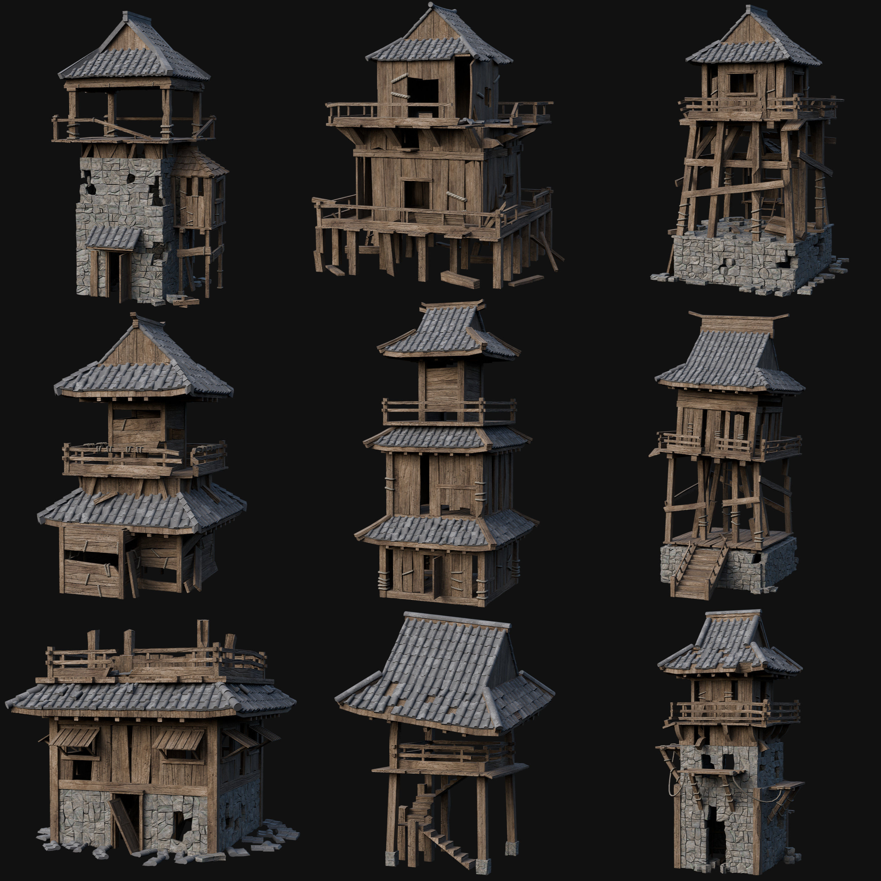 DESTROYED RUINED JAPANESE TOWER WATCHTOWER WALLS COLLECTION AAA Low-poly 3D model_55
