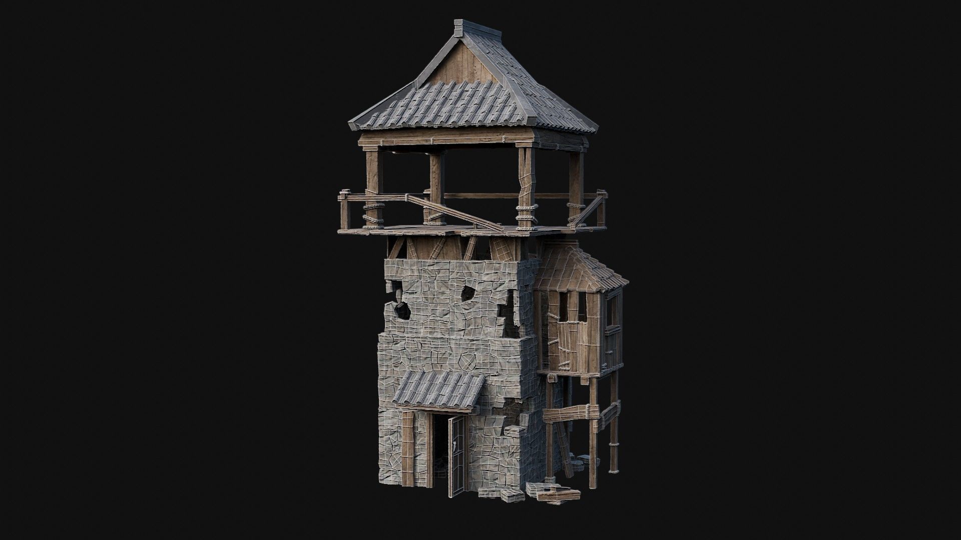 DESTROYED RUINED JAPANESE TOWER WATCHTOWER WALLS COLLECTION AAA Low-poly 3D model_4