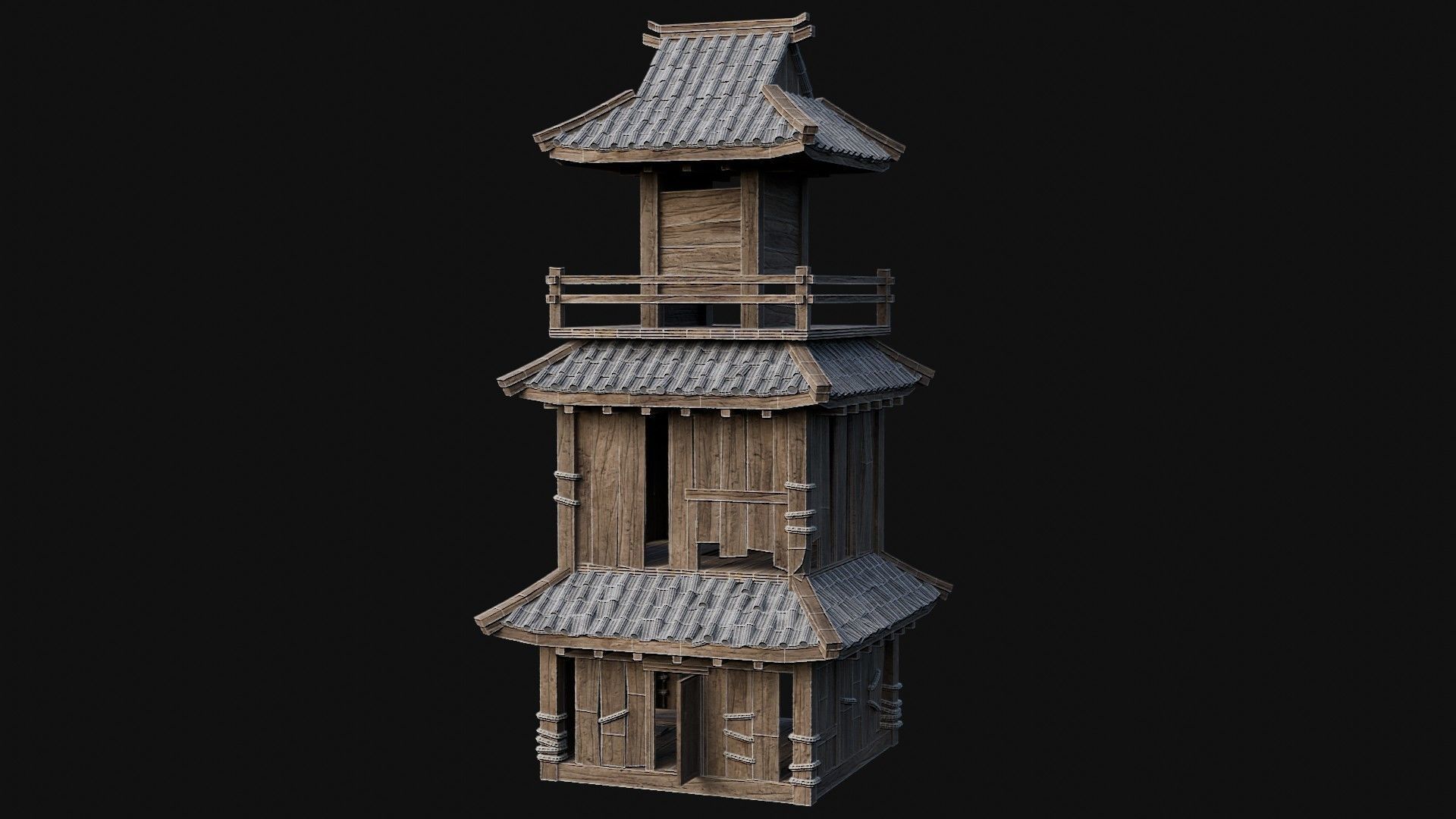 DESTROYED RUINED JAPANESE TOWER WATCHTOWER WALLS COLLECTION AAA Low-poly 3D model_52