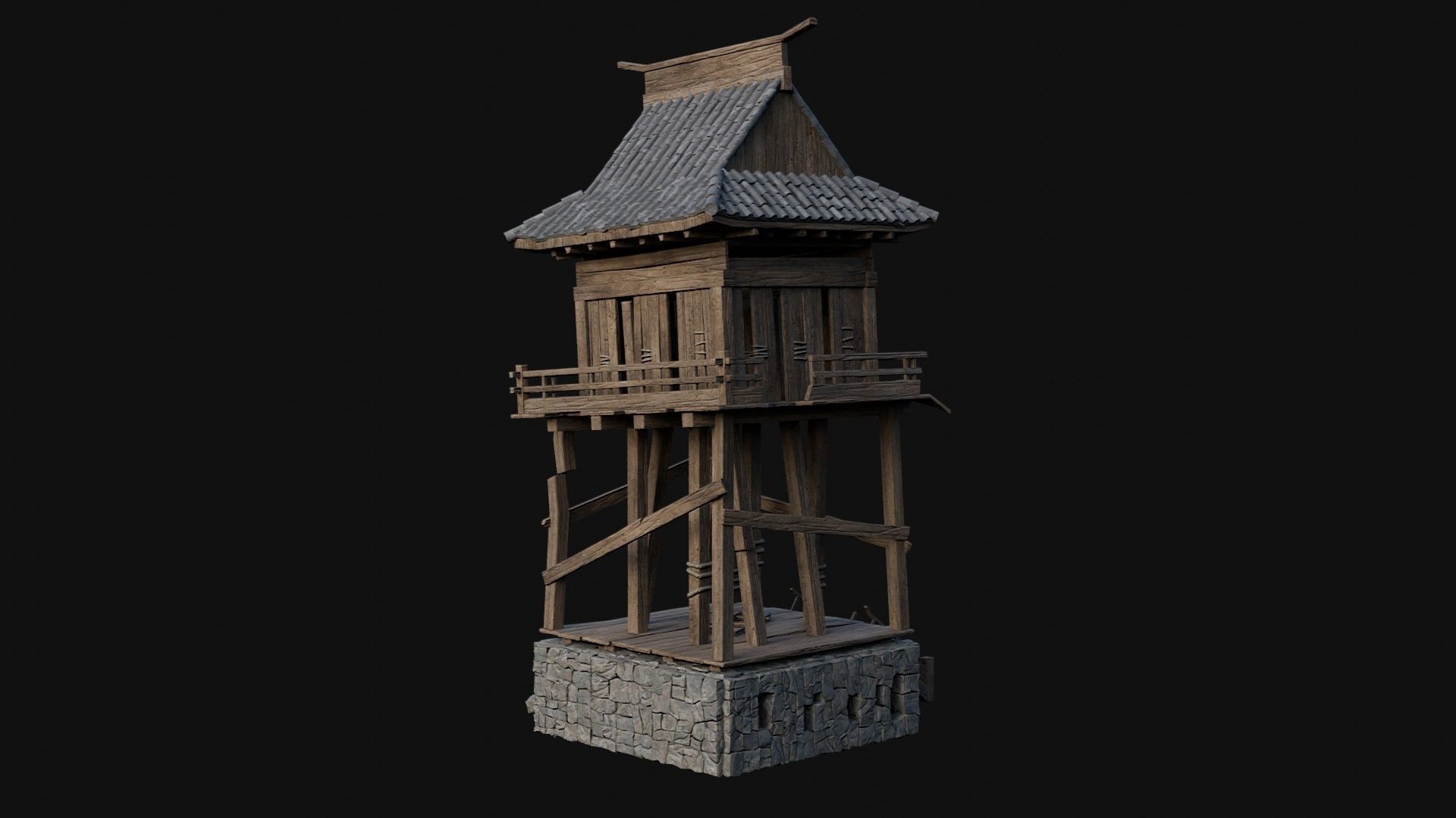 DESTROYED RUINED JAPANESE TOWER WATCHTOWER WALLS COLLECTION AAA Low-poly 3D model_33