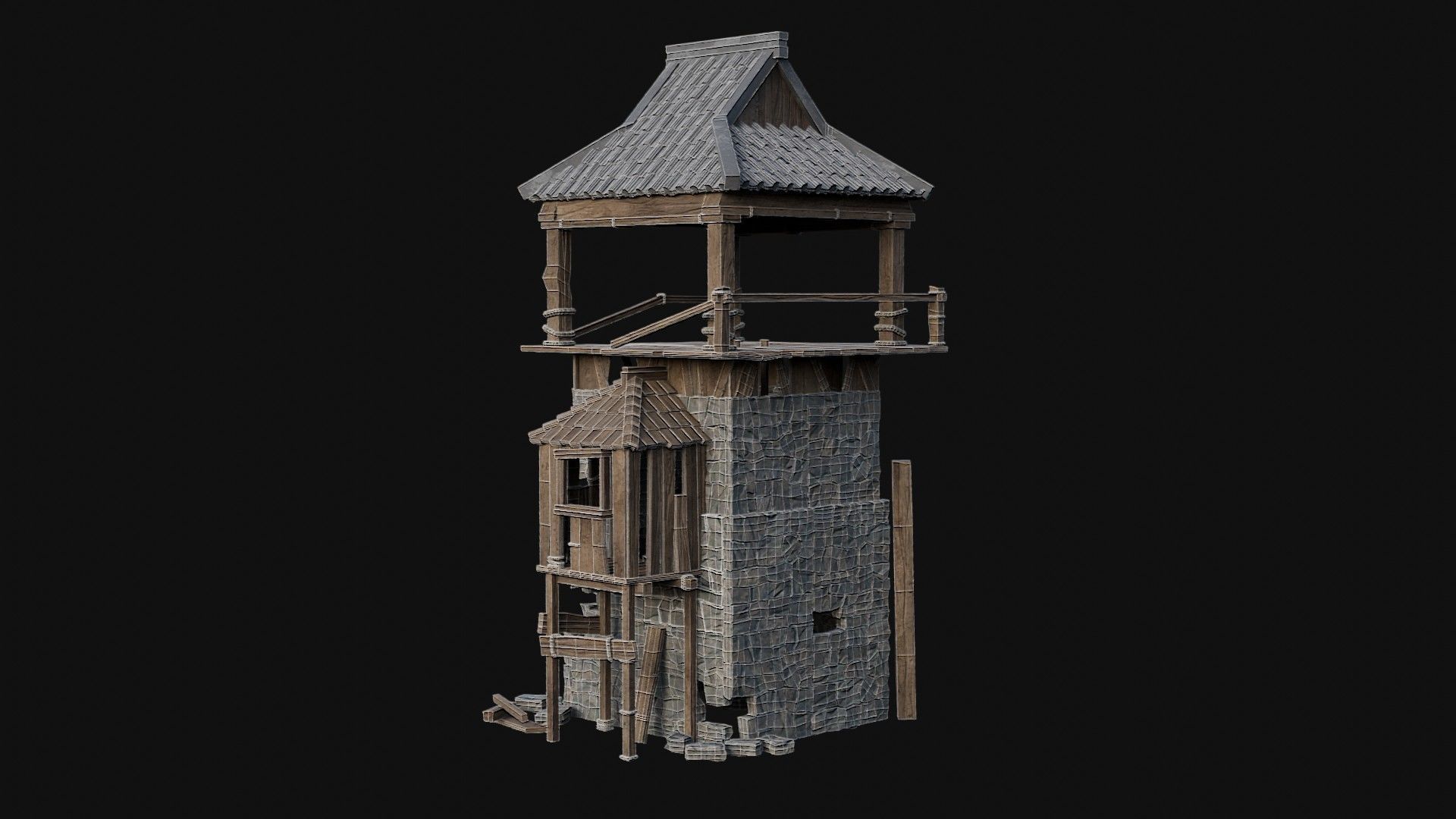 DESTROYED RUINED JAPANESE TOWER WATCHTOWER WALLS COLLECTION AAA Low-poly 3D model_5
