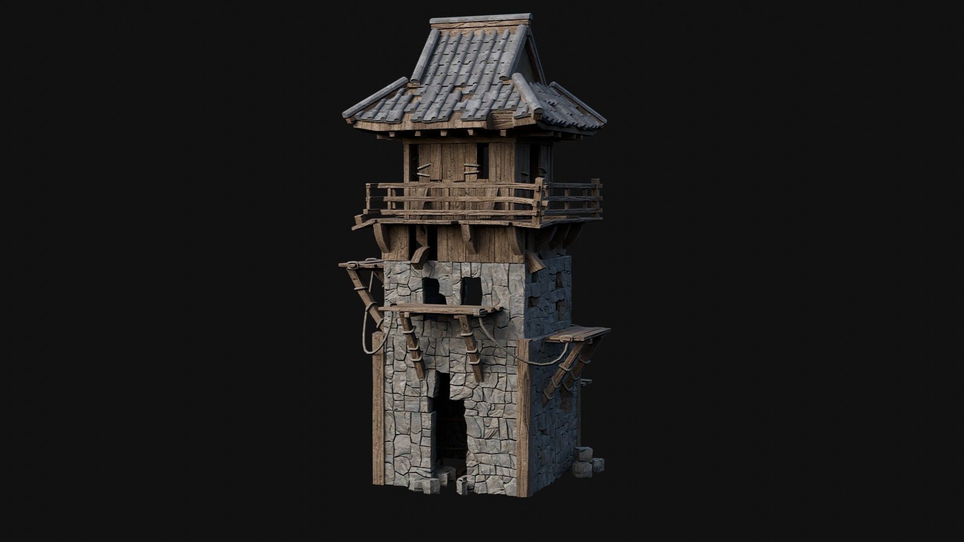 DESTROYED RUINED JAPANESE TOWER WATCHTOWER WALLS COLLECTION AAA Low-poly 3D model_25